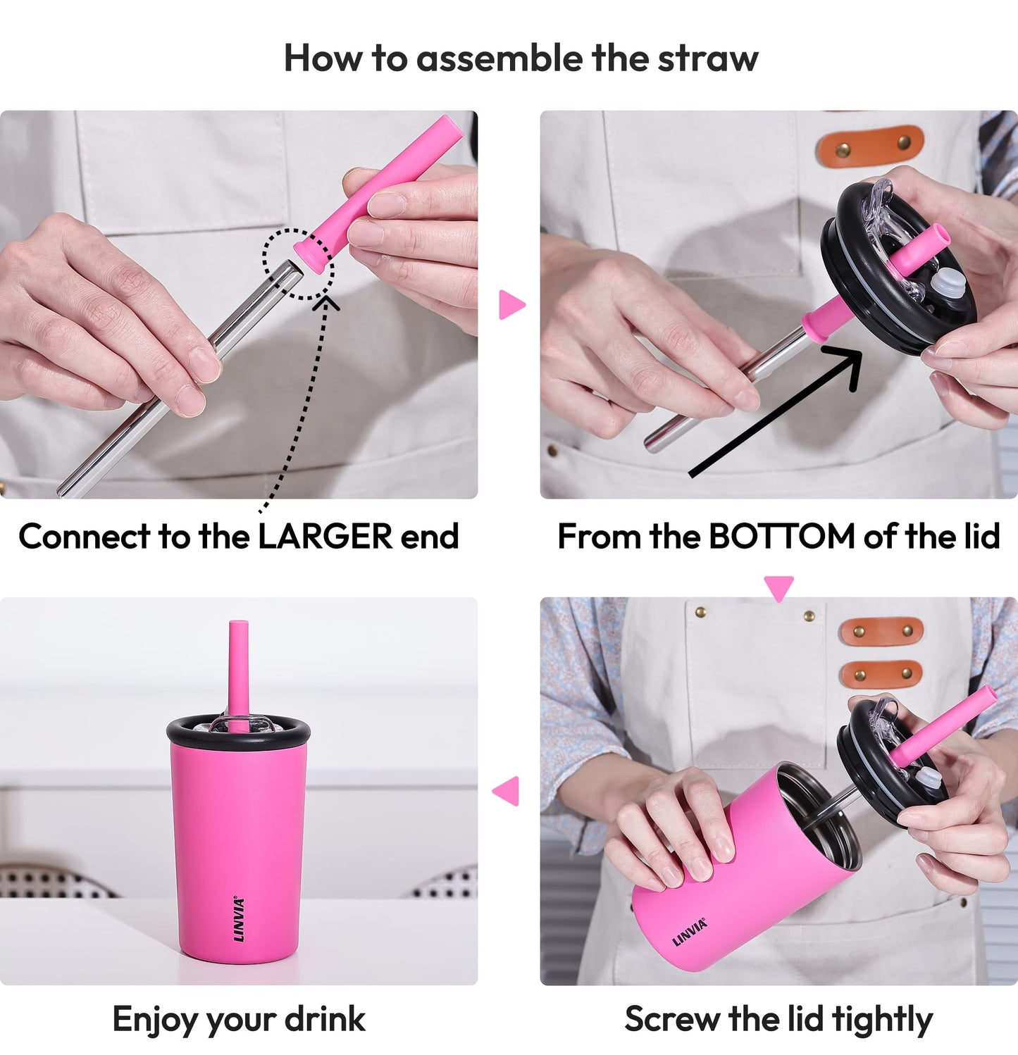LINVIA Candy Tumbler, 12 oz Kids Insulated Stainless Steel Water Bottle with Spill Resistant Silicone-Metal Straw and 2-in-1 Lid, BPA-Free, Cup Holder Friendly, Dishwasher Safe, Hot Pink