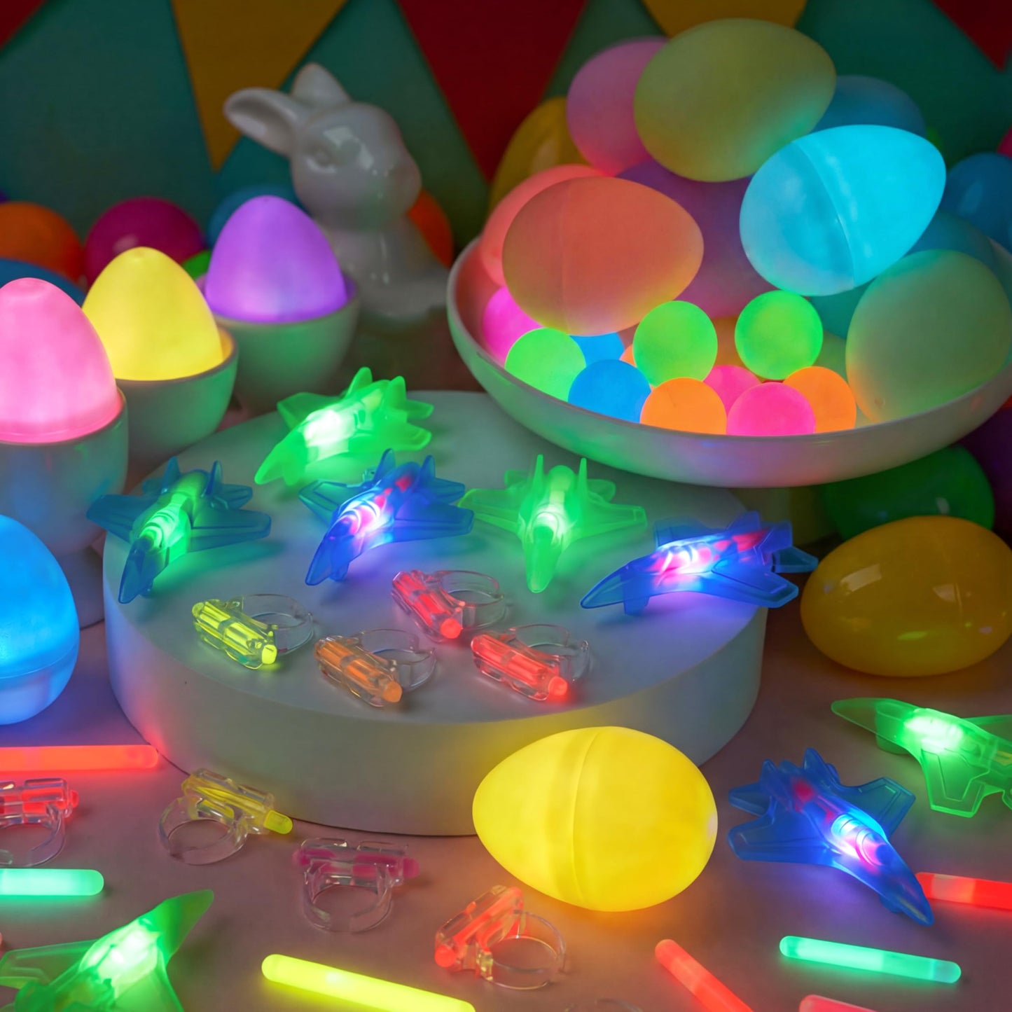 JOYIN 80 Pcs Easter Eggs with Glow Toys, 20 Mini Glow Sticks, 20 Rings, 20 Airplanes, 20 Balls, Glow-In-The-Dark Basket Stuffers for Kids, Filled Easter Egg Hunt, Class Prizes, Party Favors Supplies