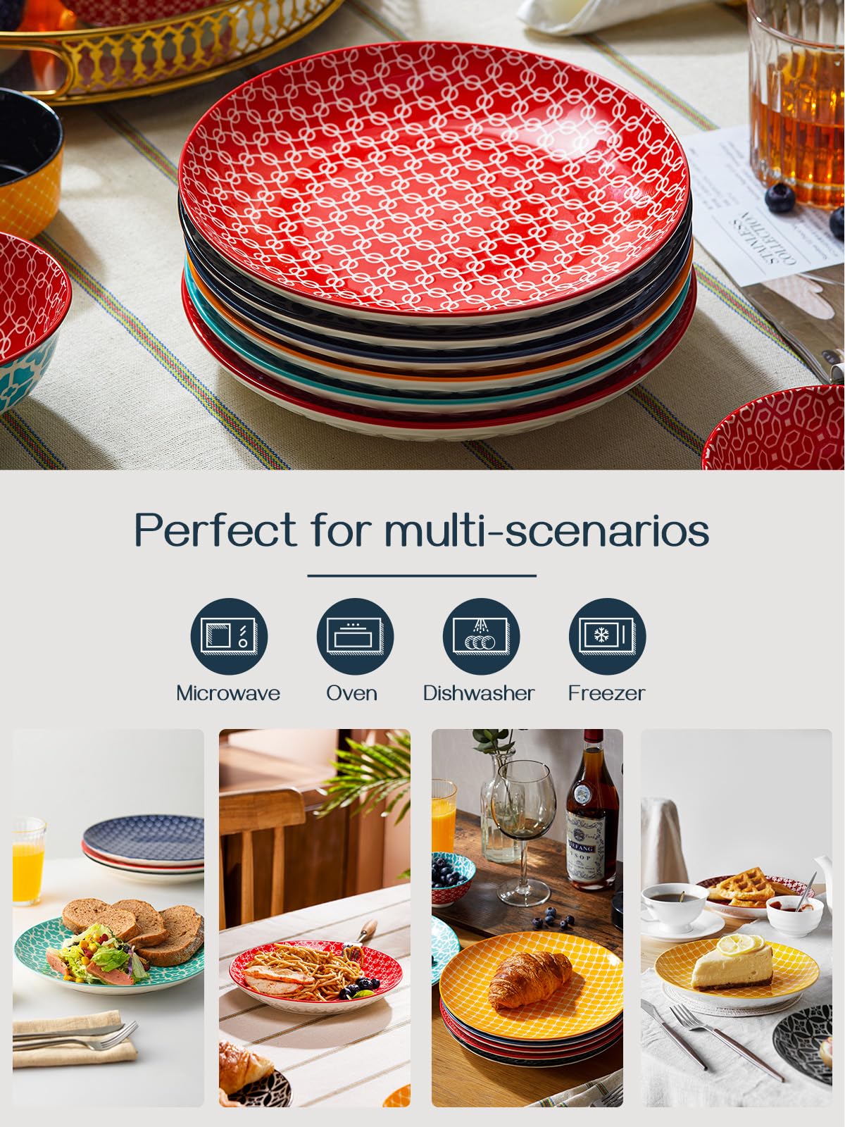 DOWAN 8.5" Salad Plates Set of 6, Ceramic Dessert Plate for Appetizer, Sushi, Microwave, Oven & Dishwasher Safe, Colorful Design Perfect for Party, Wedding, Birthday, Mothers Day Gifts