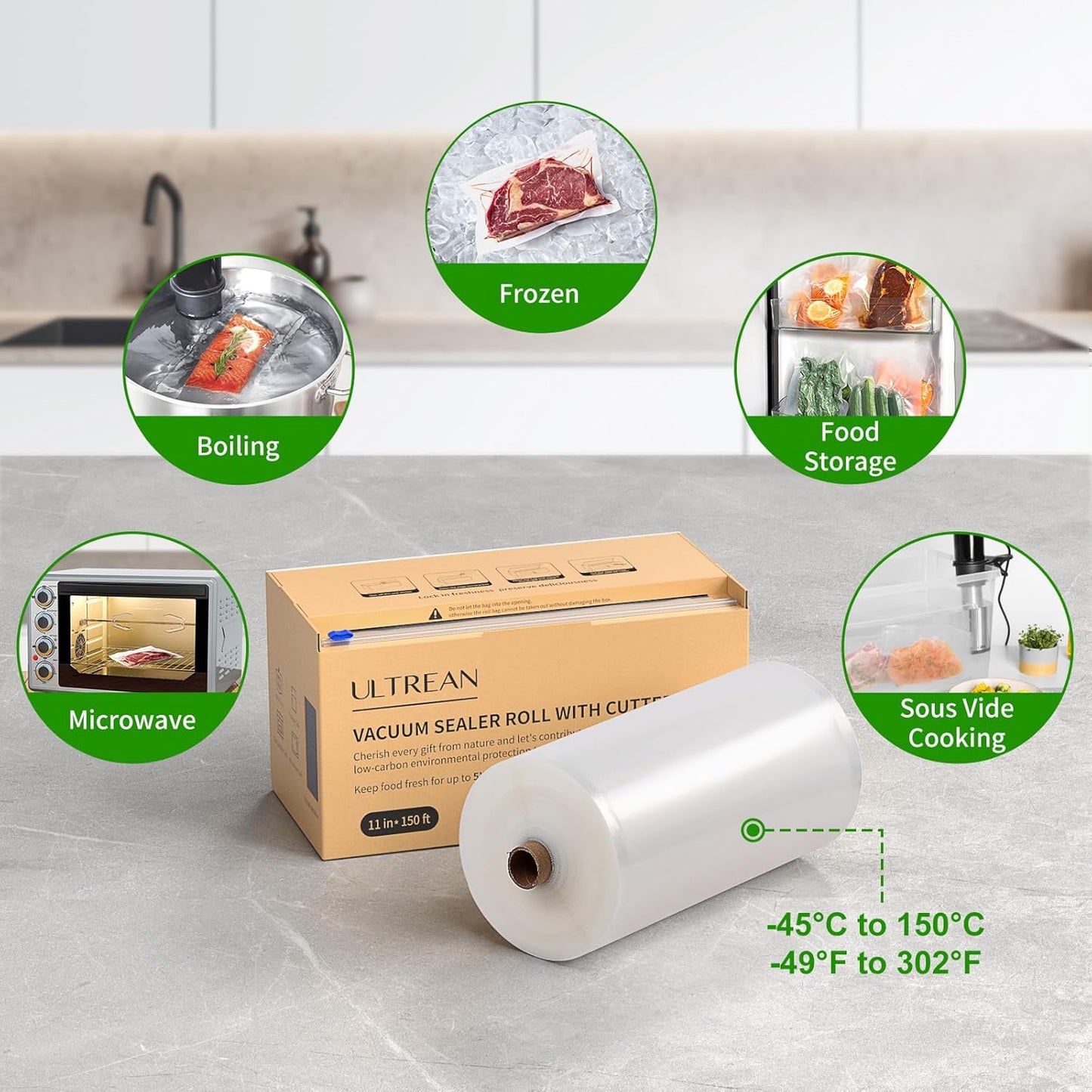 Ultrean Vacuum Seal Roll - 11" x 150' Commercial Grade Food Storage Bags | BPA Free, Ideal for Meal Prep & Sous Vide