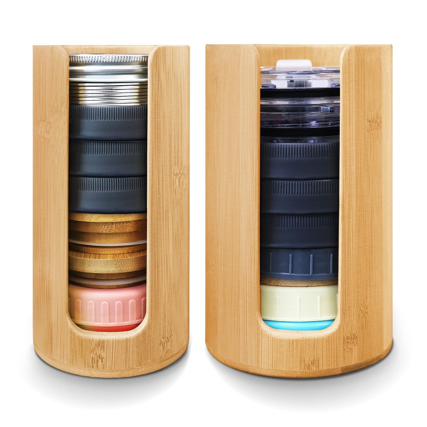 QOOMABA Mason Jar Lid Organizer (2pcs), Mason Jar Lid Storage Made of Bamboo, Suitable for Mason/Canning/Bamboo Lids(WIDE/REGULAR), Fit Perfectly, Stackable Steady