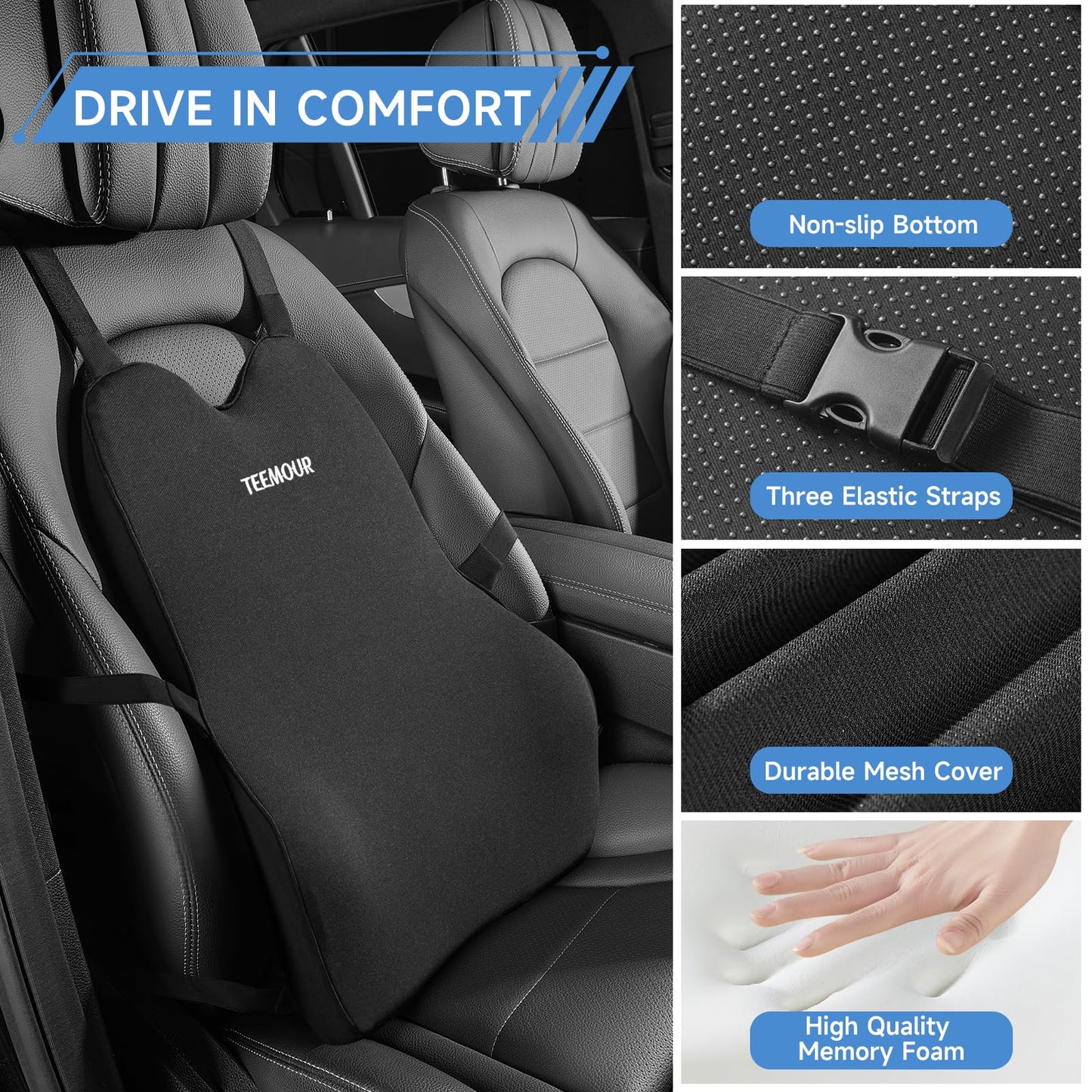 Teemour Lumbar Support Pillow for Car Seat, Memory Foam Back Support Pillow with Adjustable Straps, Medium Soft Car Back Cushion for Driving, Truck, SUV, Office Chair, Black
