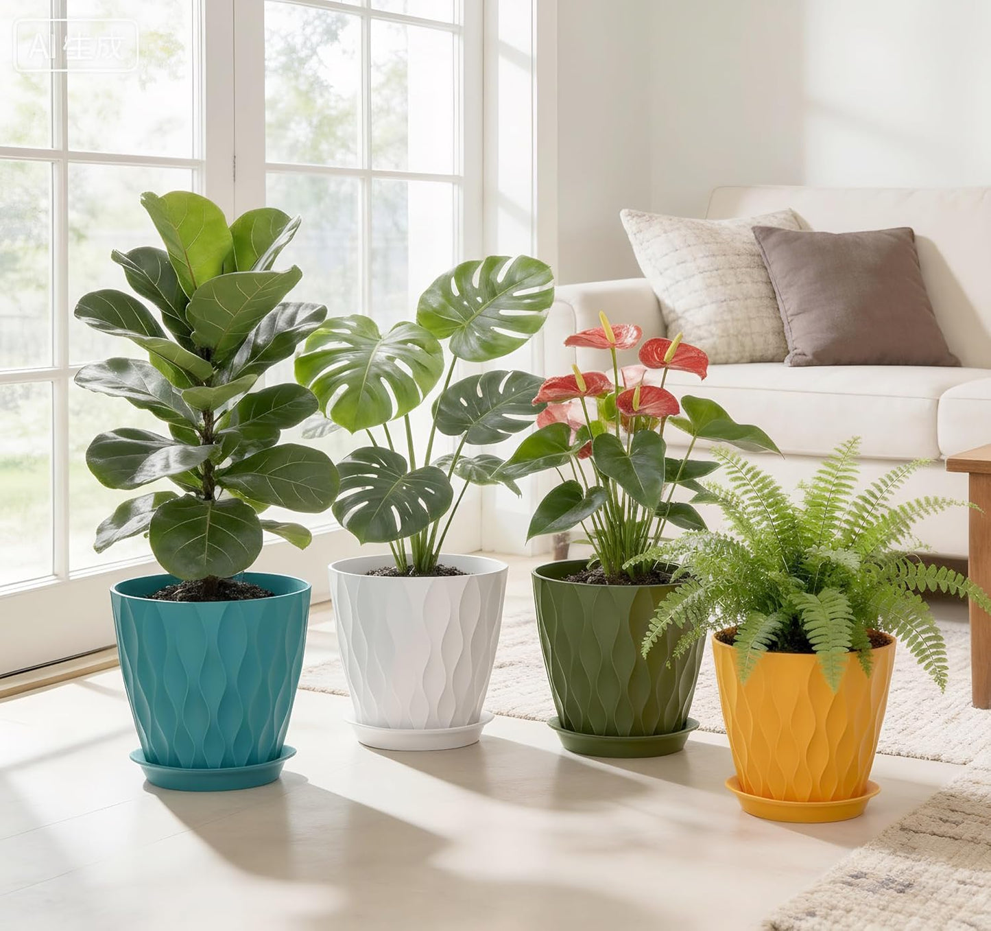 UOUZ 8-Inch Plastic Plant Pots - 4 Pack Indoor/Outdoor Planters with Drainage Holes & Saucers | Waffle Texture