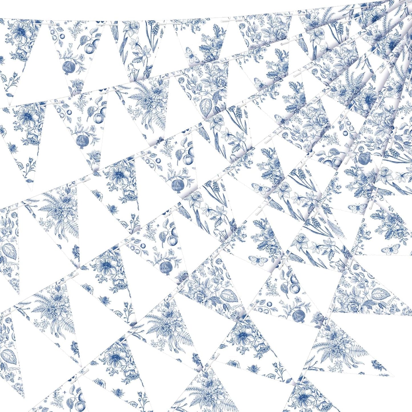 Skiennix Vintage Floral Paper Pennant Garland - 5 Pieces Blue & White Triangle Banner for Weddings & Showers