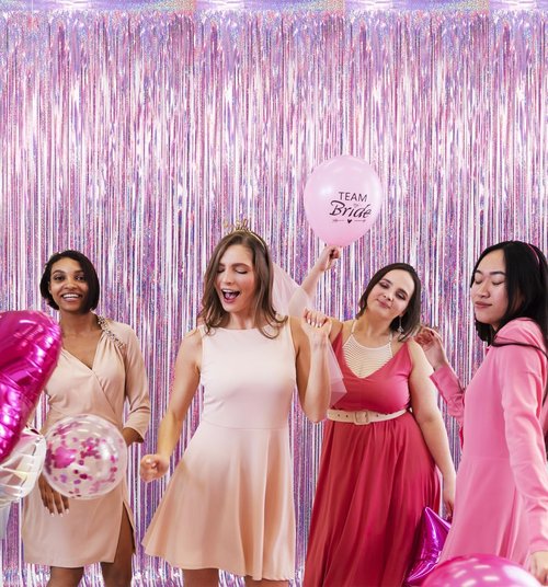 GOER Metallic Tinsel Foil Fringe Curtains - 3.2 ft x 8.2 ft | Perfect for Birthday, Graduation, New Year & Wedding Decor (4 Packs, Laser Pink)