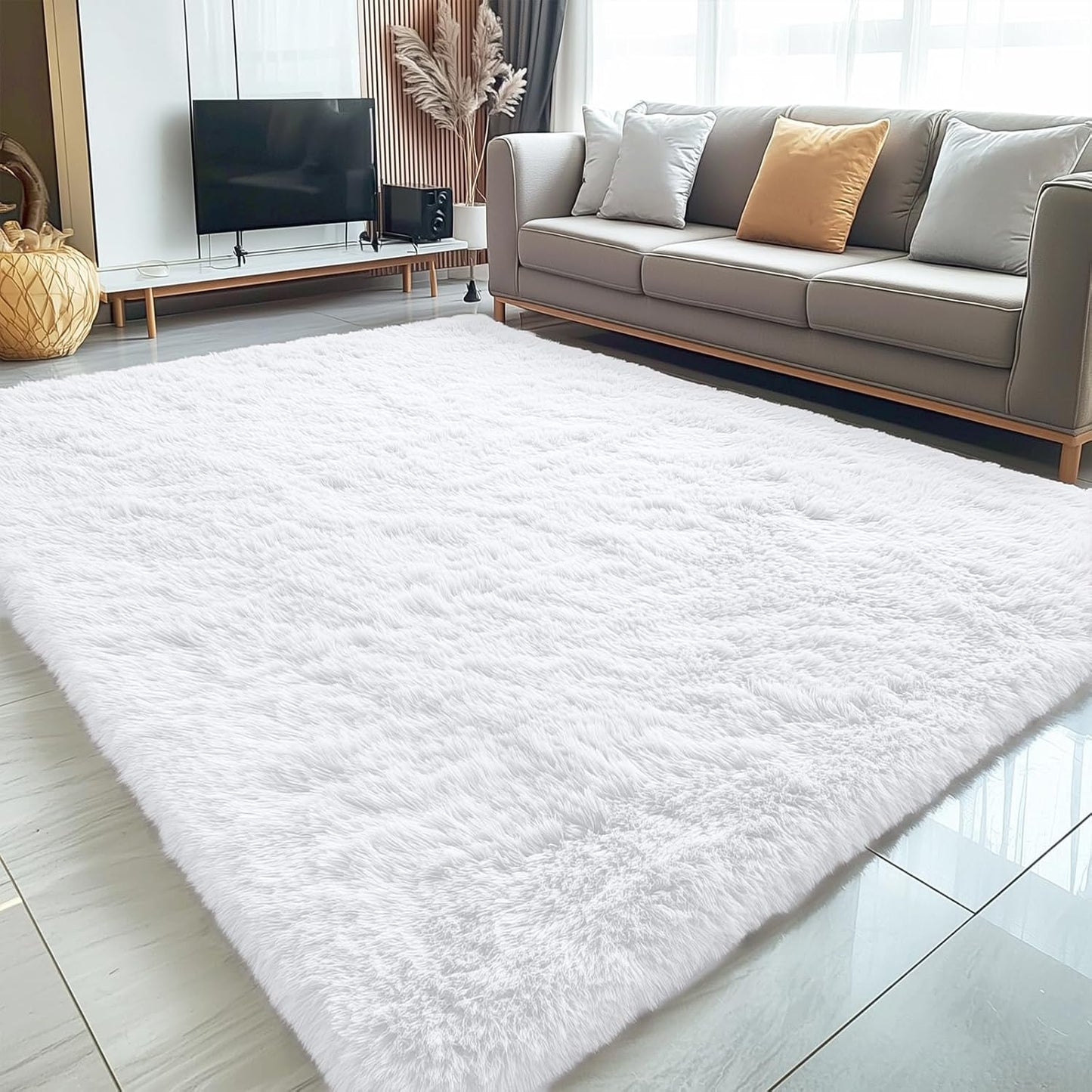 OLANLY Area Rug - Soft Fluffy Shaggy Design | Machine Washable 5x6 for Living Room & Bedroom Decor - White