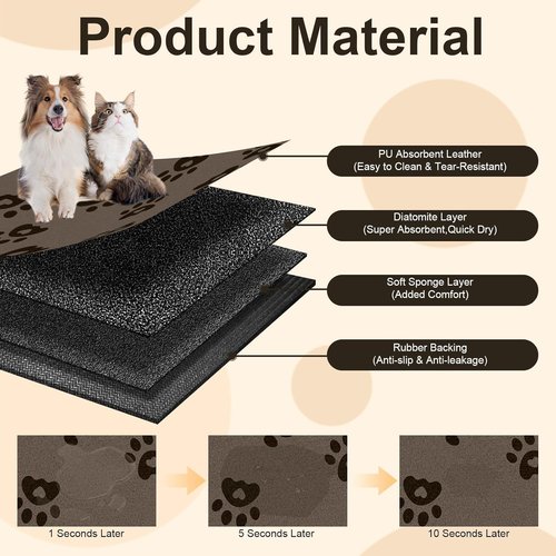 BLESWIN Pet Feeding Mat - Waterproof & Non-Slip Dog Bowl Mat | 12"x20" Brown for Messy Drinkers