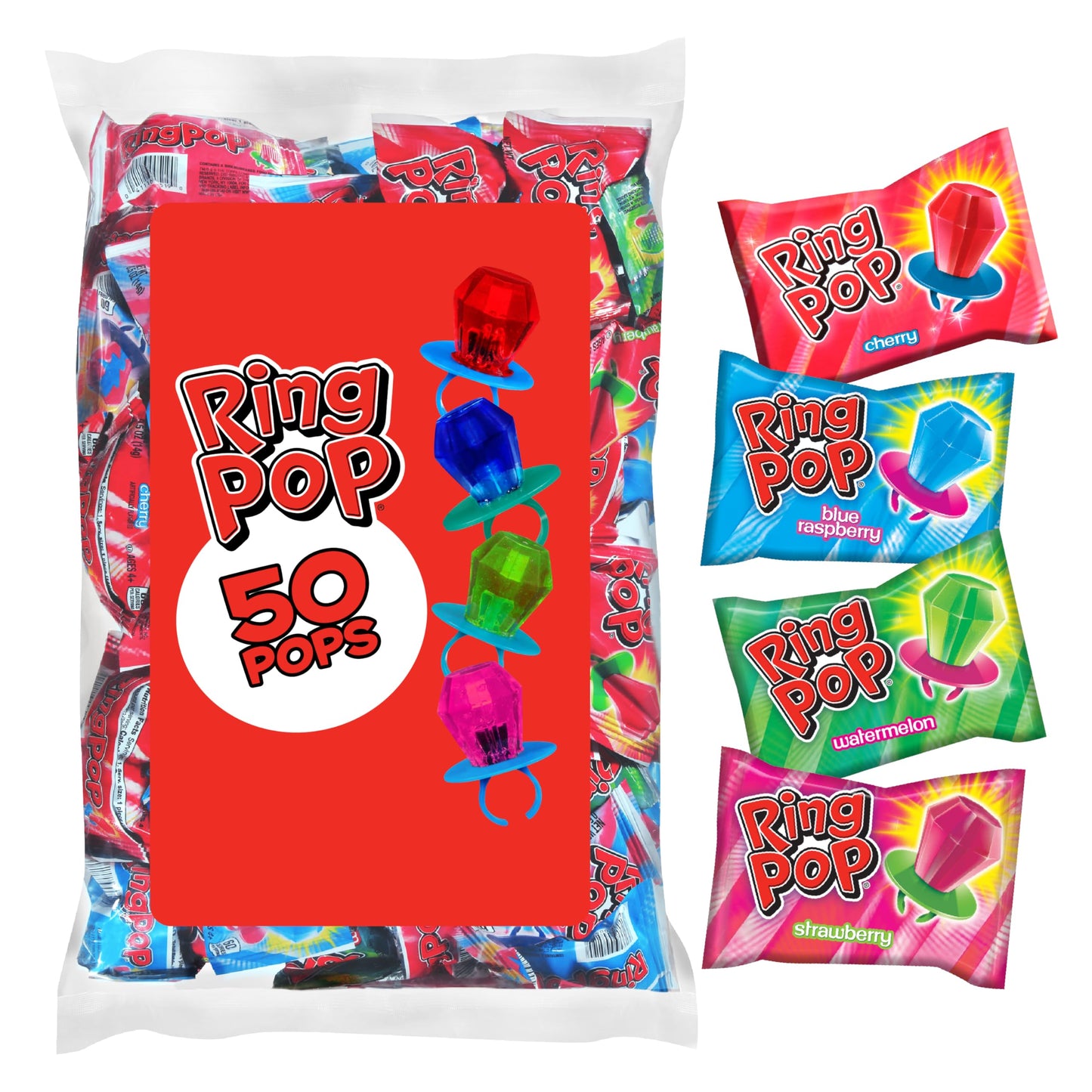 Ring Pop Lollipops - Bulk Candy Individually Wrapped Suckers Variety Party Pack- 50 Count w/Assorted Flavors - Hard Candy for Party Favors, Kids & Goodie Bags