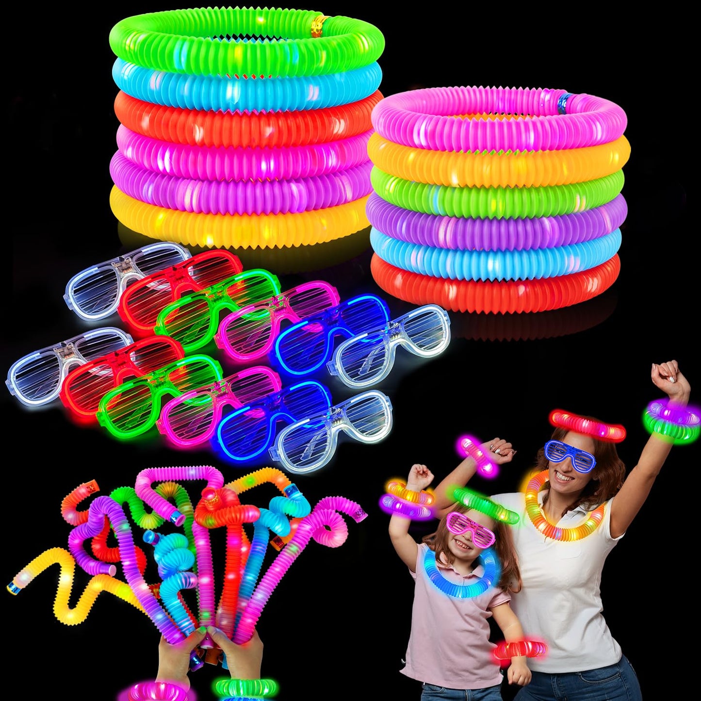 Glow in the Dark Party Favor Supplies for Kids 24 PCS, Glow Sticks & Neon Glasses for Toddler, LED Light Up 4th of July Toy Bracelet Necklace Accessories Decor for 250th Anniversary Camping Wedding