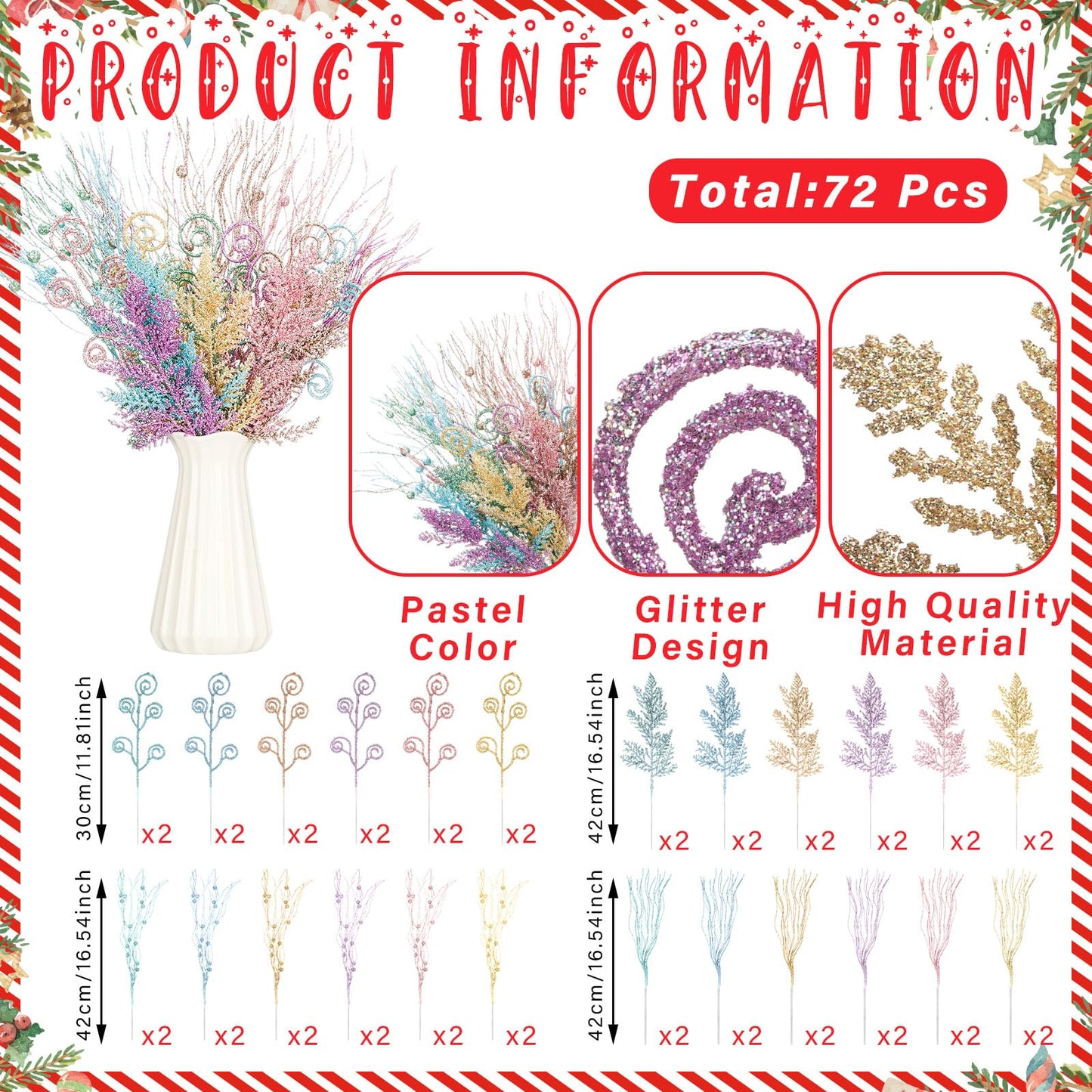 72 Pcs Pastel Christmas Tree Picks and Sprays Decoration Candy Christmas Tree Decor Artificial Glitter Berry Stems Pastel Candy Picks Ornaments Branches for Vase Filler Holiday Party Decoration