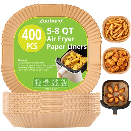 400Pcs Air Fryer Paper Liners, 5-8 QT Air Fryer Disposable Unbleached Non-Stick Parchment Paper Liner, Square 8 inch Baking Liner