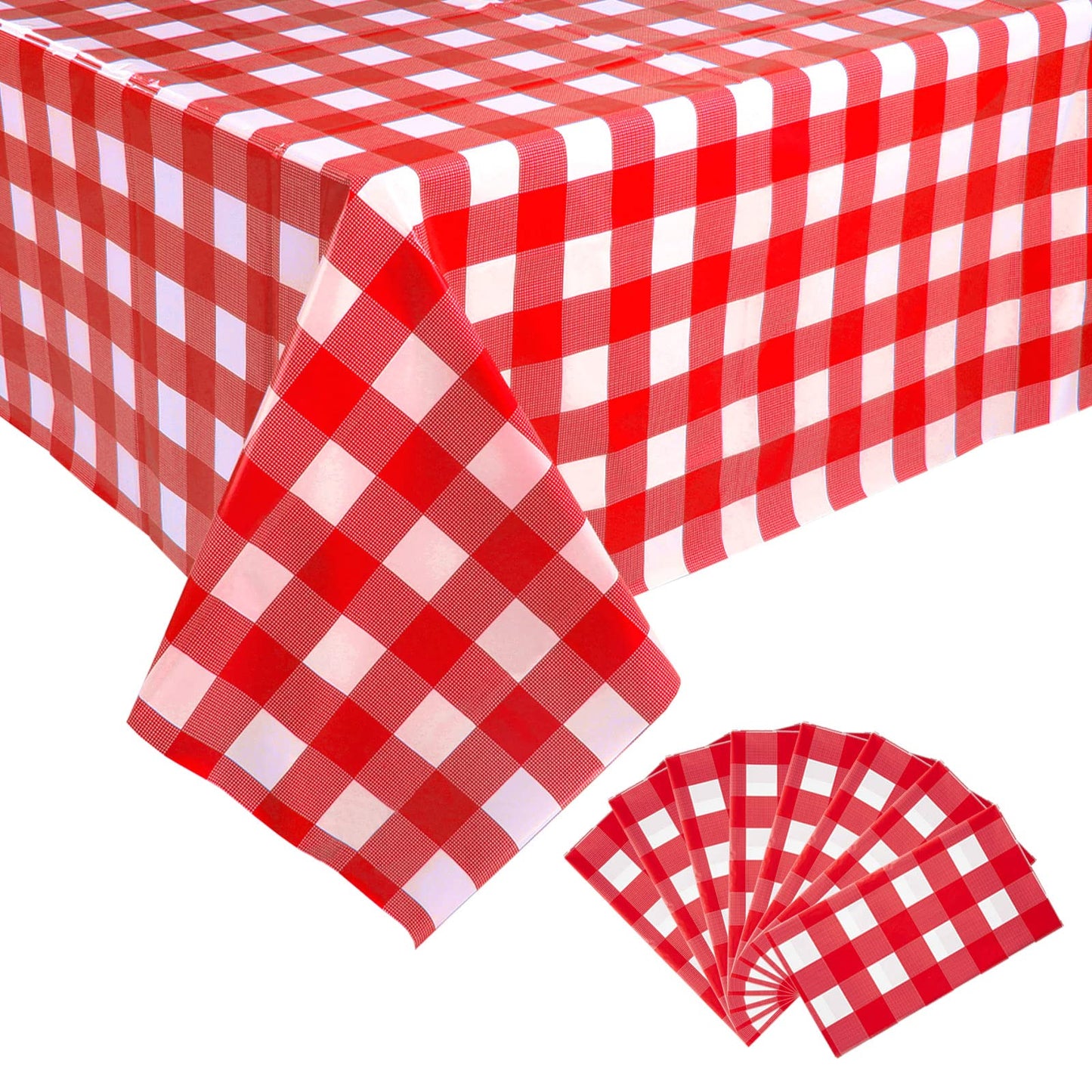 Kesfey 8 Packs Red and White Checkered Tablecloths 54 x 108 Inches Disposable Rectangle Red Gingham Table Cloth Waterproof Plastic Picnic Party Plaid Tablecovers for Picnic BBQ Family Outings