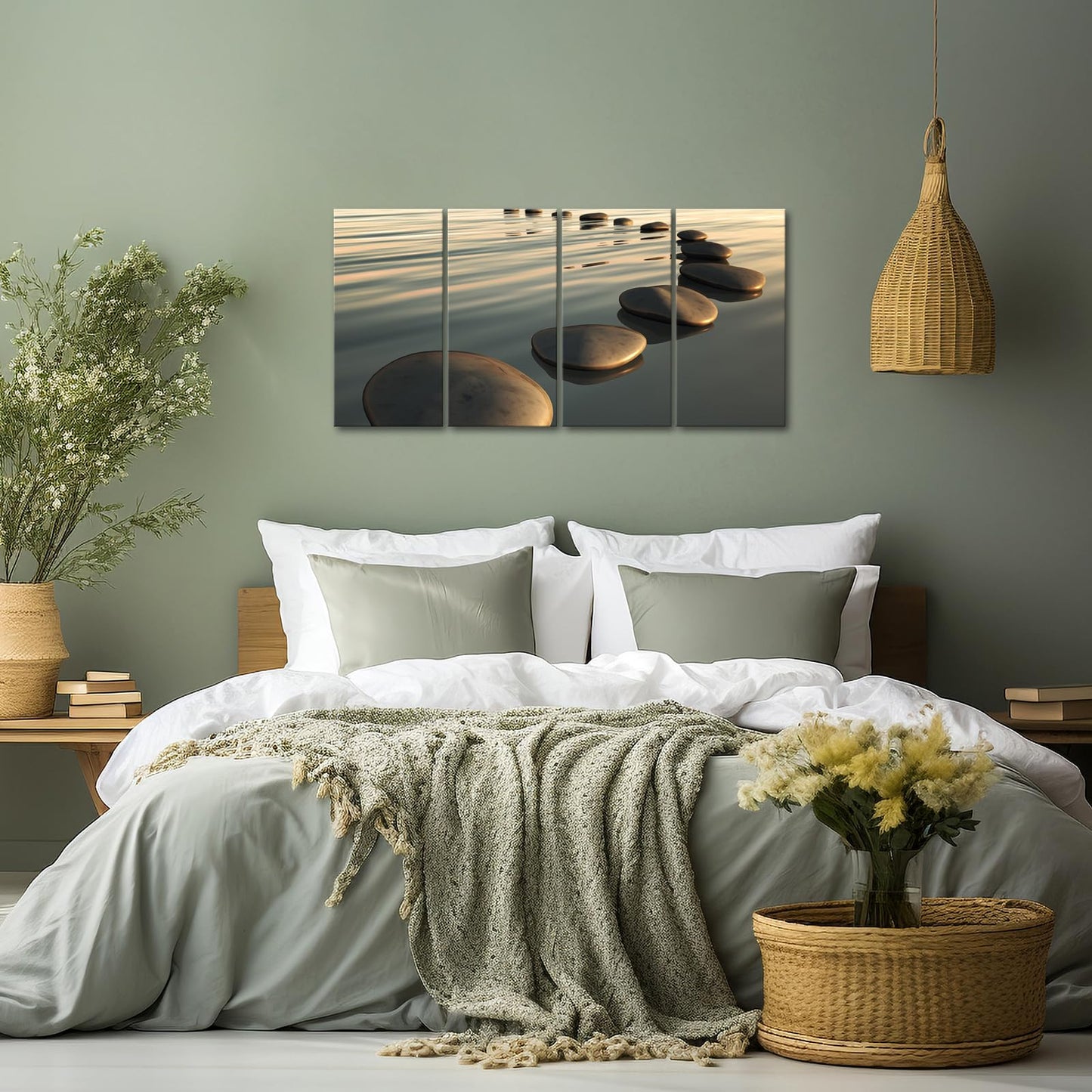 LevvArts - Zen Canvas Wall Art,Basalt Stone on The Sunset Relax Scenery Canvas Pictures for Living Room Decoration,Peaceful Water Multi Panel Wall Art Easy Hanging On - 48" W x 24" H overall