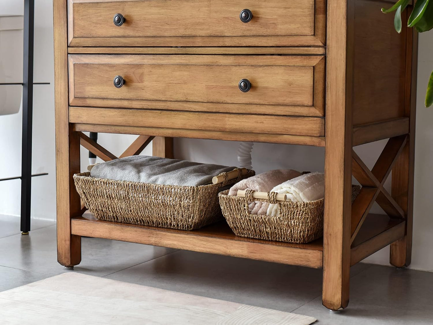 StorageWorks Jumbo Hand-Woven Seagrass Storage Baskets - 2-Pack with Wooden Handles for Organizing
