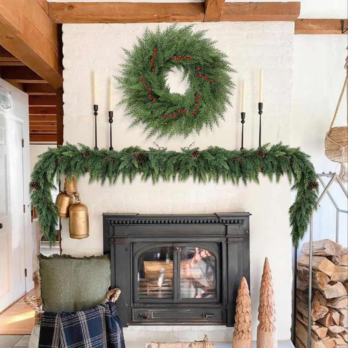 Lush Christmas Wreath - 24-Inch Real Touch Faux Cedar with Red Berries | Indoor & Outdoor Holiday Decor