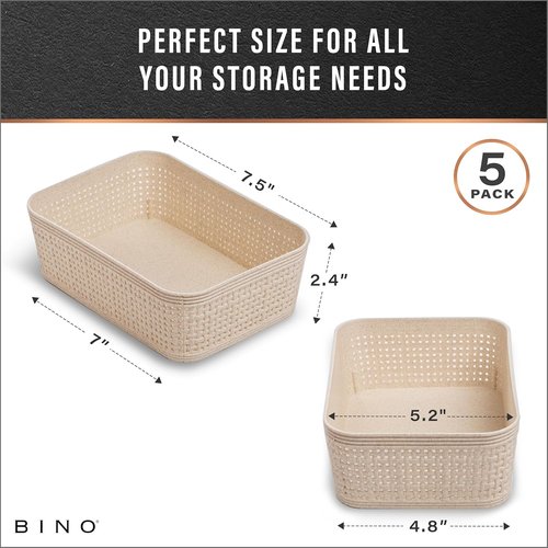 BINO Woven Plastic Basket - Stylish Space-Saving Storage | XS (Natural), 5-Pack | Jute Collection