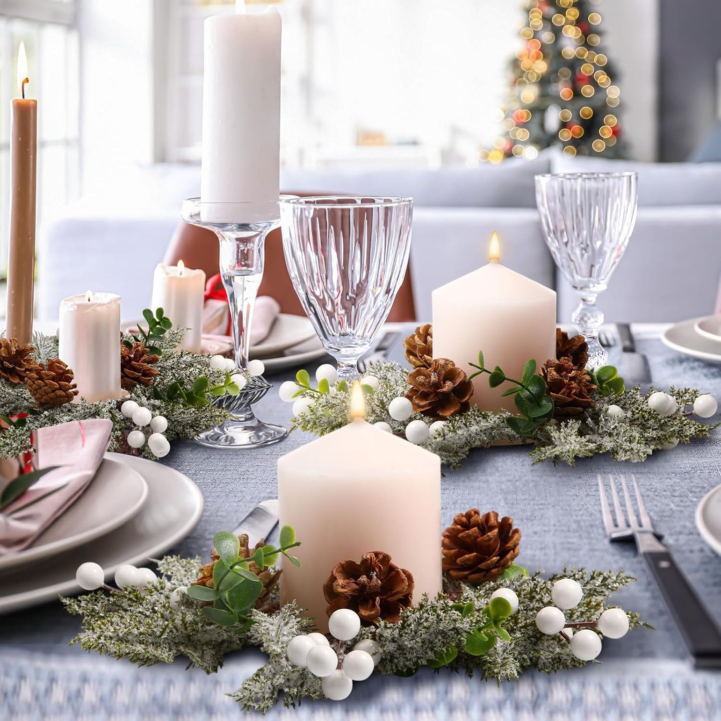 Vercraft 8" Christmas Candle Rings - Snowy Pine Garland with White Berries & Pine Cones | 6 Pcs Set for Festive Home Decor