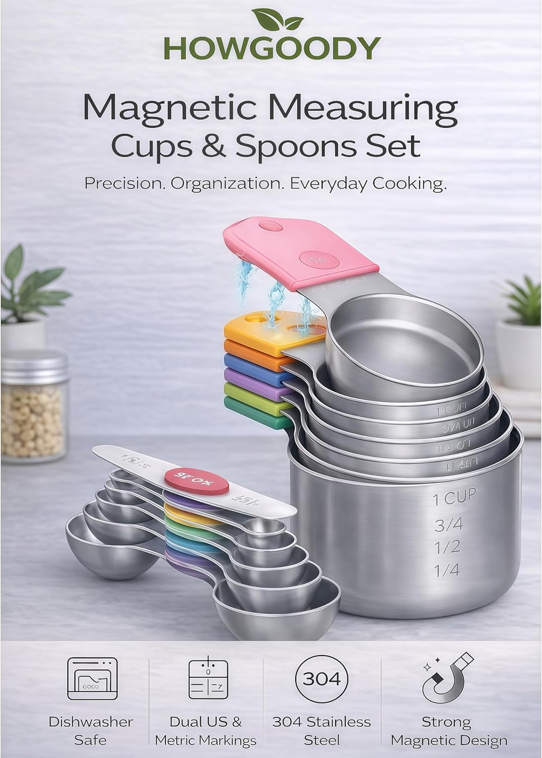 Skiennix Magnetic Measuring Cups and Spoons Set - 304 Stainless Steel, Dual Scale, 15-Piece, Dishwasher Safe | Colorful Design