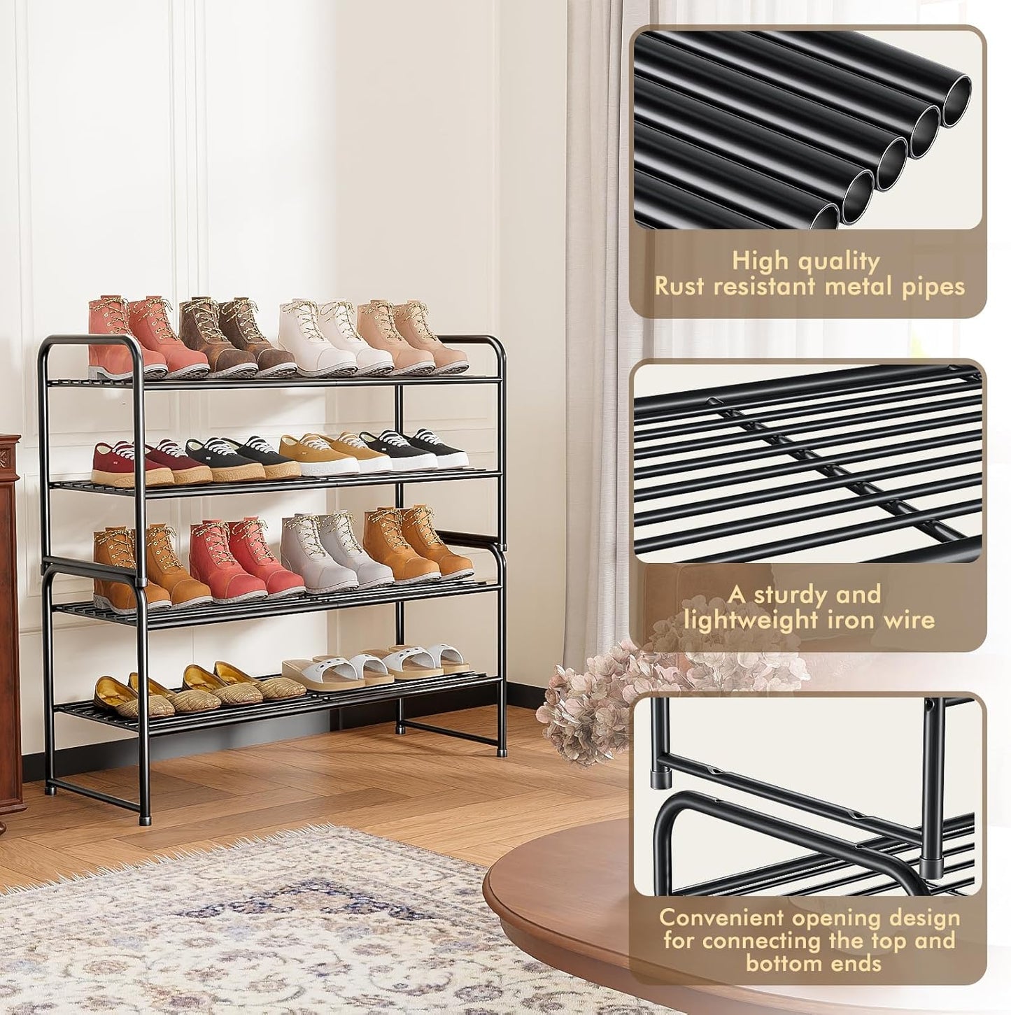 SUFAUY Shoe Rack - 2-Tier Heavy Duty Metal Organizer | 33" Wide, Stackable, Black Finish
