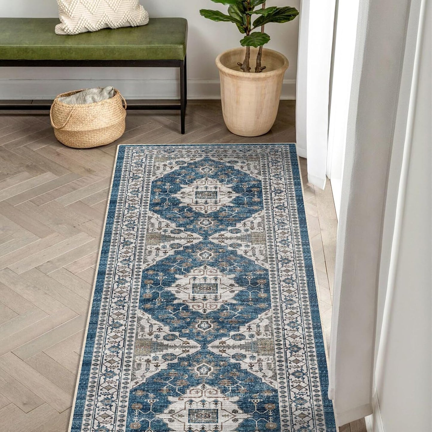Skiennix 2x5 Washable Hallway Runner Rug - Ultra Soft Non-Slip Water-Resistant Carpet | Blue