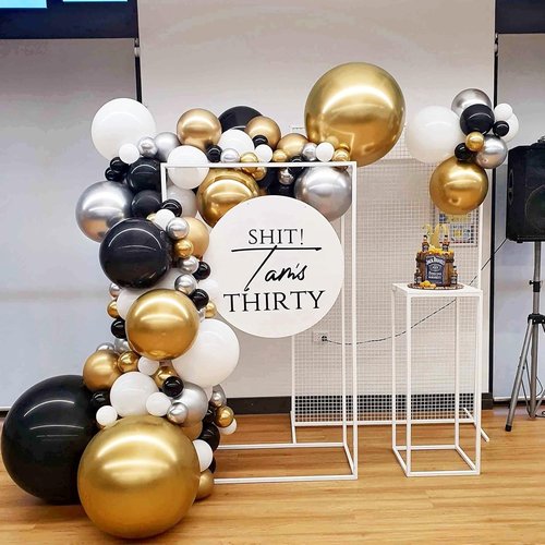 Black and Gold Balloon Garland Arch Kit by 2025 - Elegant Party Decorations with Gold Foil Curtains for Graduation, Birthday, and Anniversary Celebrations