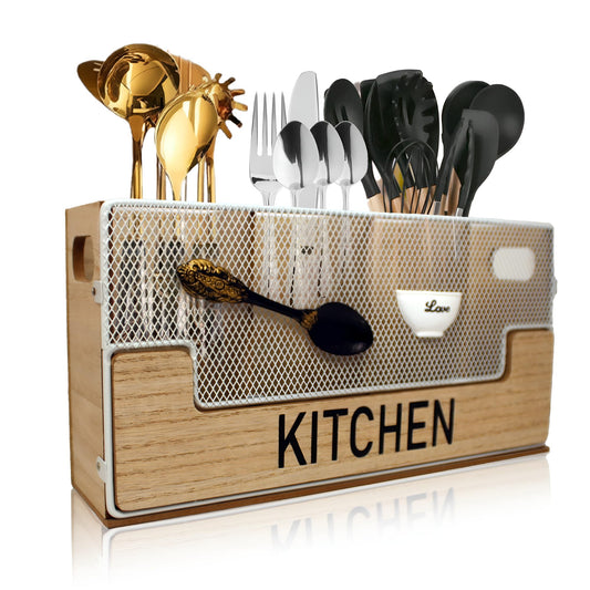 A Good Brand 4 Compartments Large Kitchen Utensil Holder Organizer for Counter or Countertop|Wooden Storage Container for Cooking and Silverware| Farmhouse Rustic For Kitchen Organizer
