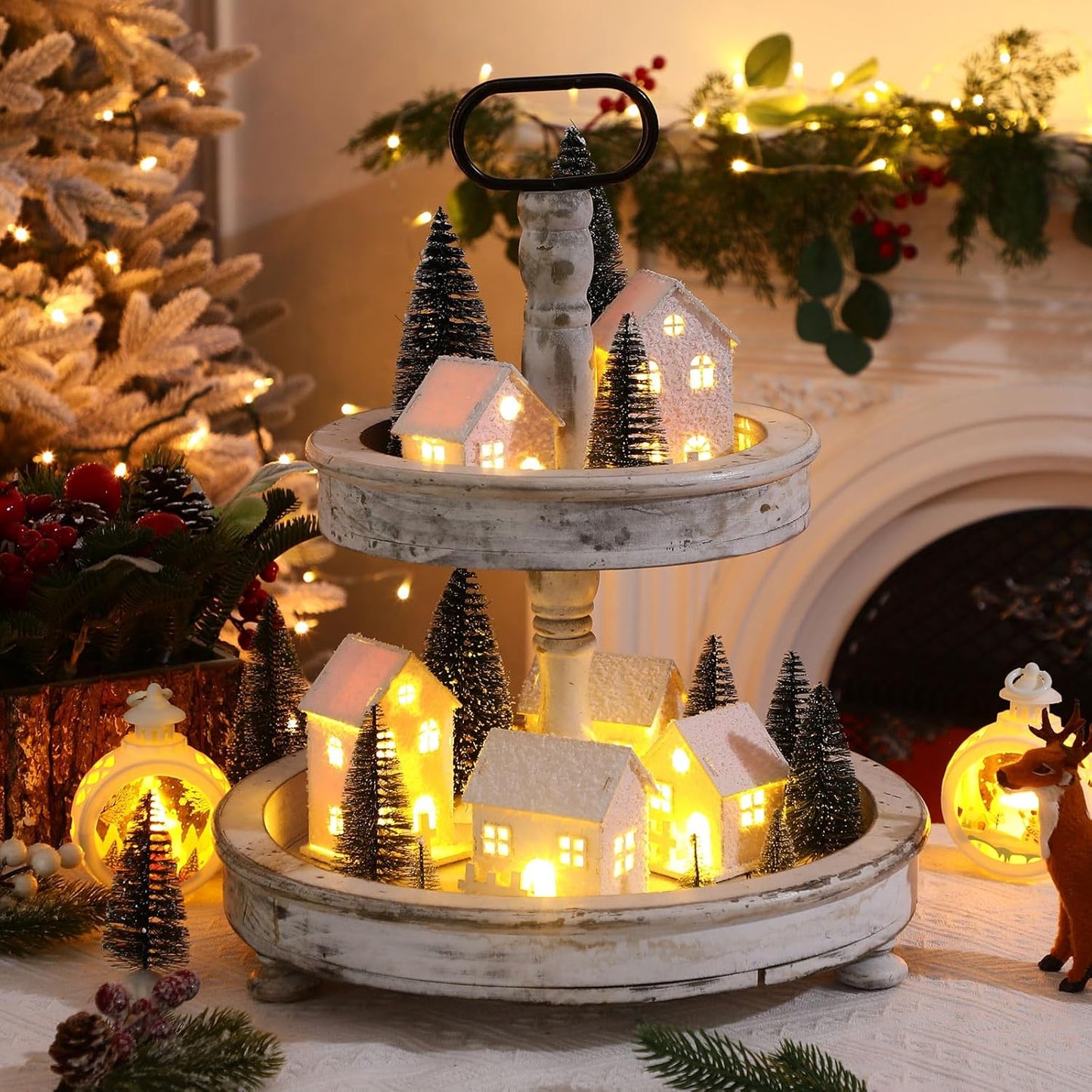 Kajaia Christmas Winter Village Set - 12 Houses with LED Lights & Trees | Cute White Figurines