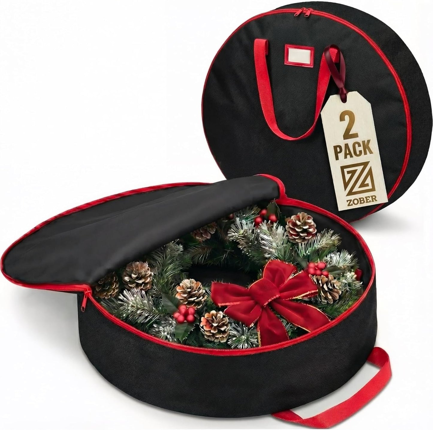 ZOBER Wreath Storage Bag - Waterproof 24 Inch Oxford Container for Artificial Wreaths - Durable Dual Zippered Design, Black