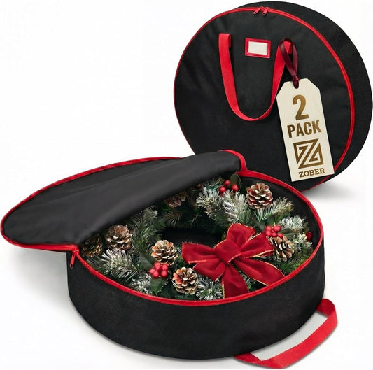 ZOBER Wreath Storage Bag - Waterproof 24 Inch Oxford Container for Artificial Wreaths - Durable Dual Zippered Design, Black