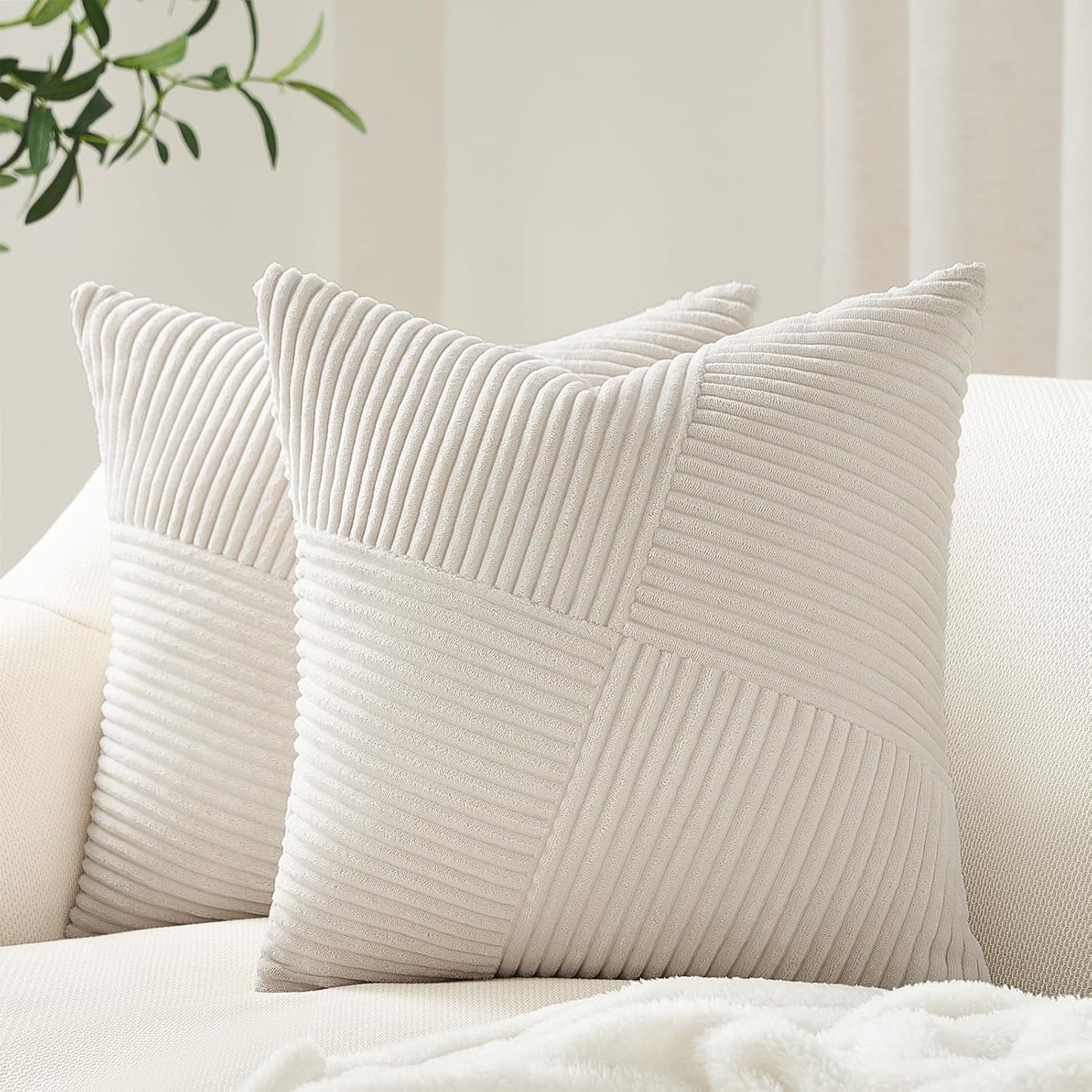 Topfinel Decorative Pillow Covers - Soft Corduroy Striped Patchwork | Set of 2, 12x12 Inch, Cream White