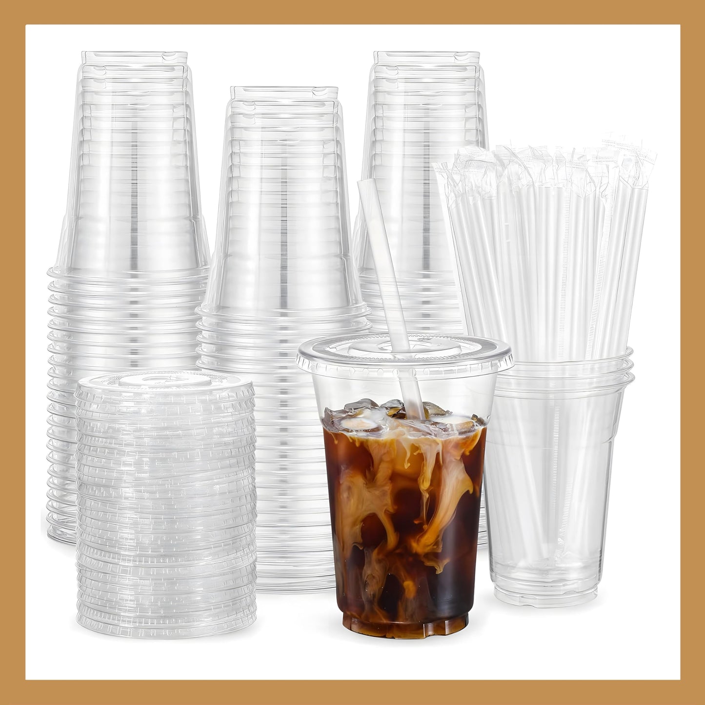 Pokanic Plastic Clear Cups [16 oz] with Lids and Straws [100 Set] Disposable Cold Beverage Drinking Iced Coffee Water Juice Tea Party Travel Cafe School Office Home Kitchen (100 Set, 16 oz)