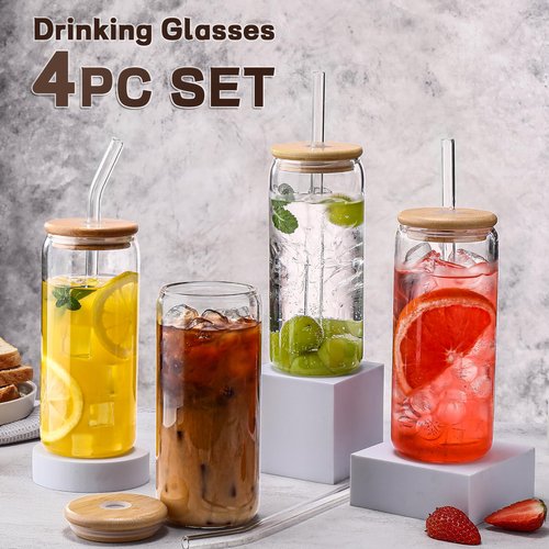 DWTS DANWEITESI Glass Cups “20oz”,Glass Cups with Lids and Straws 4 pcs-Coffee Cups,Drinking Glasses Set,Glass Tumbler with Straw and Lid Gift 2 Cleaning Brushes