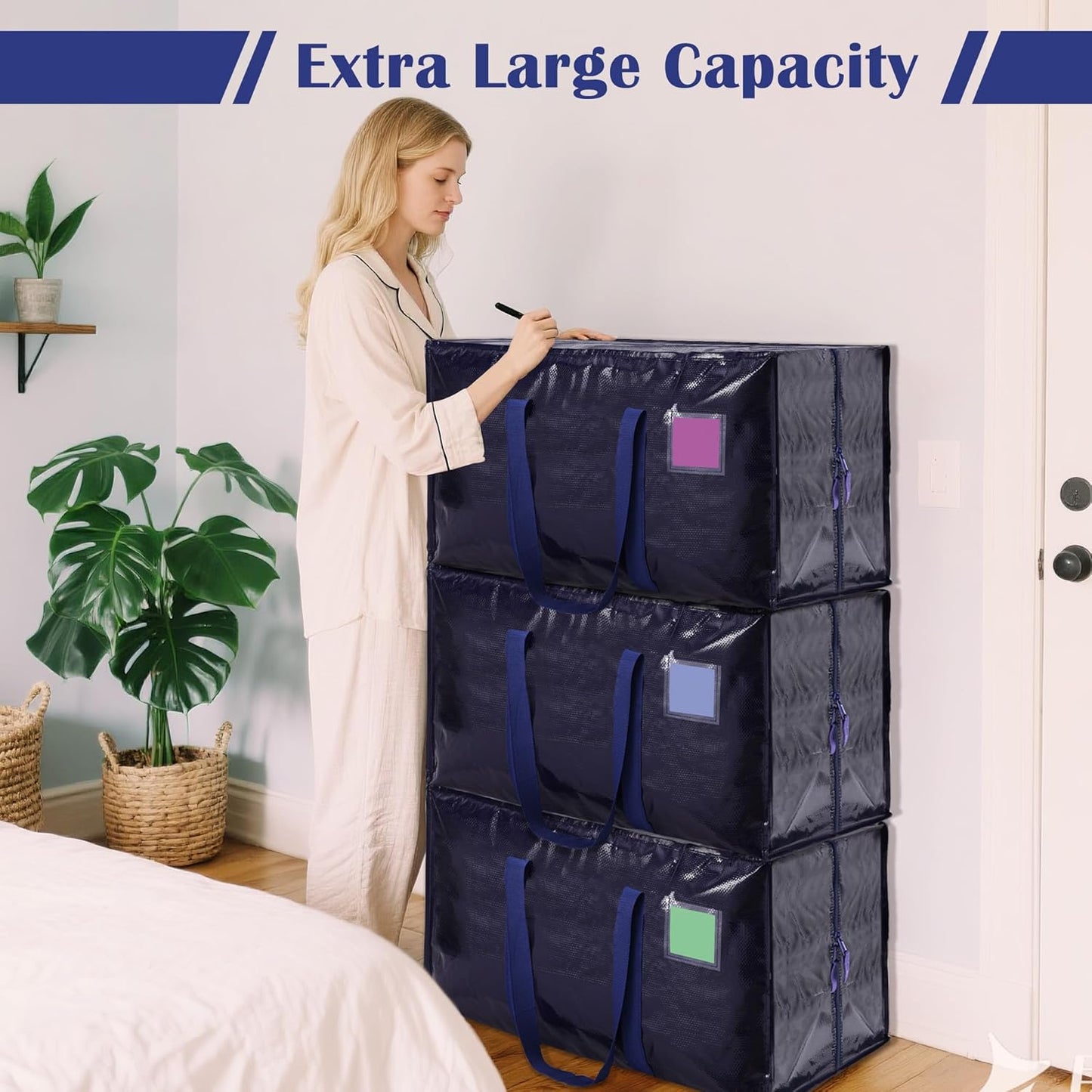 Skiennix 6 Pack Moving Bags - Extra Large 93L Waterproof Storage Totes for Home & College | Blue
