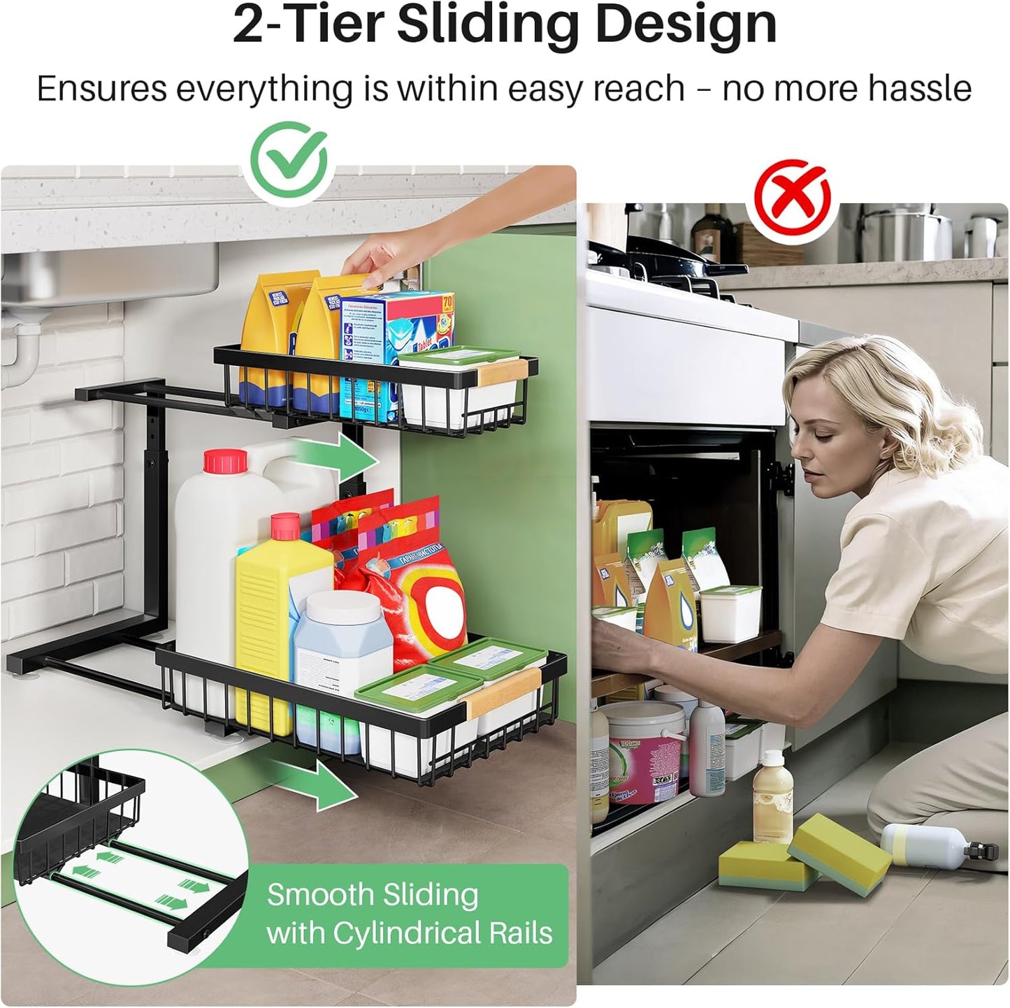 Kitstorack Under Sink Organizer - 2 Tier Metal Sliding Drawer for Kitchen & Bathroom | Black, 2 Pack