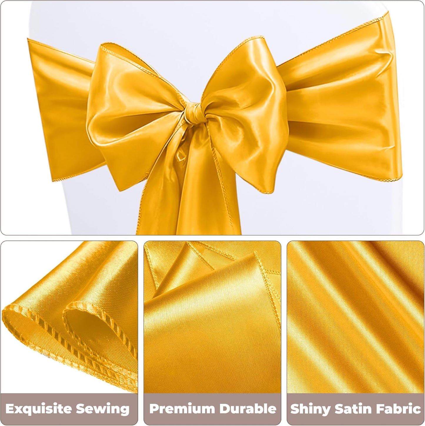 Skiennix Satin Chair Sashes - 50 Pcs Elegant Ribbon Bows for Weddings & Events | Gold 7x108 Inch