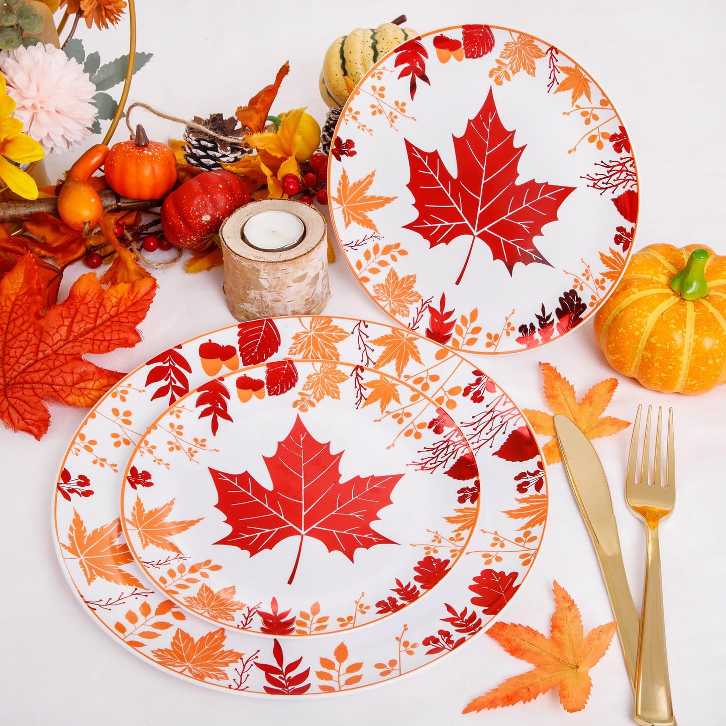 Liacere 150PCS Thanksgiving Plastic Plates- Include 30 Dinner Plates, 30 Dessert Plate,30 Forks, 30 Gold Spoons, 30 Gold Knives Perfect for Thanksgiving＆ Fall Plates