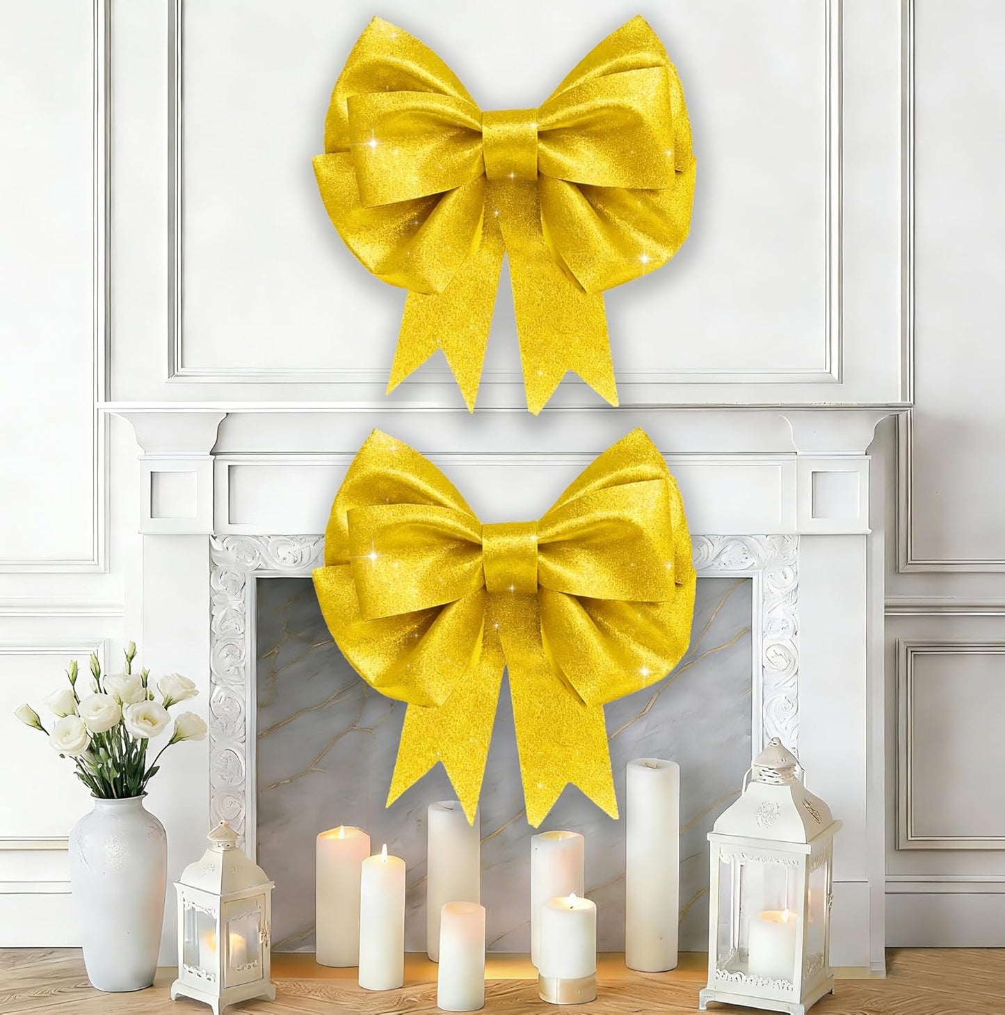 Skiennix Giant Bows - 20"x24" Gold Glitter Decorative Bows for Weddings & Parties | 2 Pack