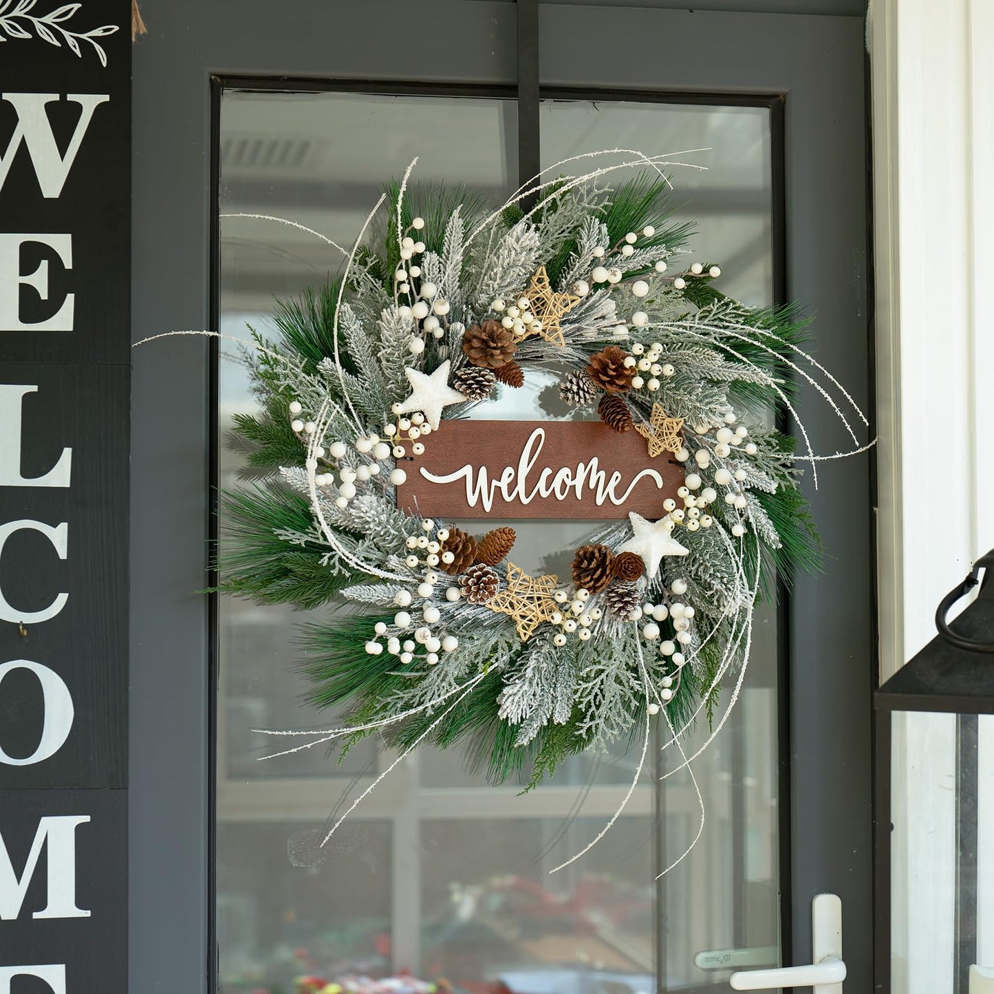 Pinkpuii Winter Wreath for Front Door - 24 Inch Outdoor Christmas Snow Covered Artificial Flocked Spruce Wreath with Pinecones, White Berries, Green Evergreen Xmas Holiday Welcome Decor