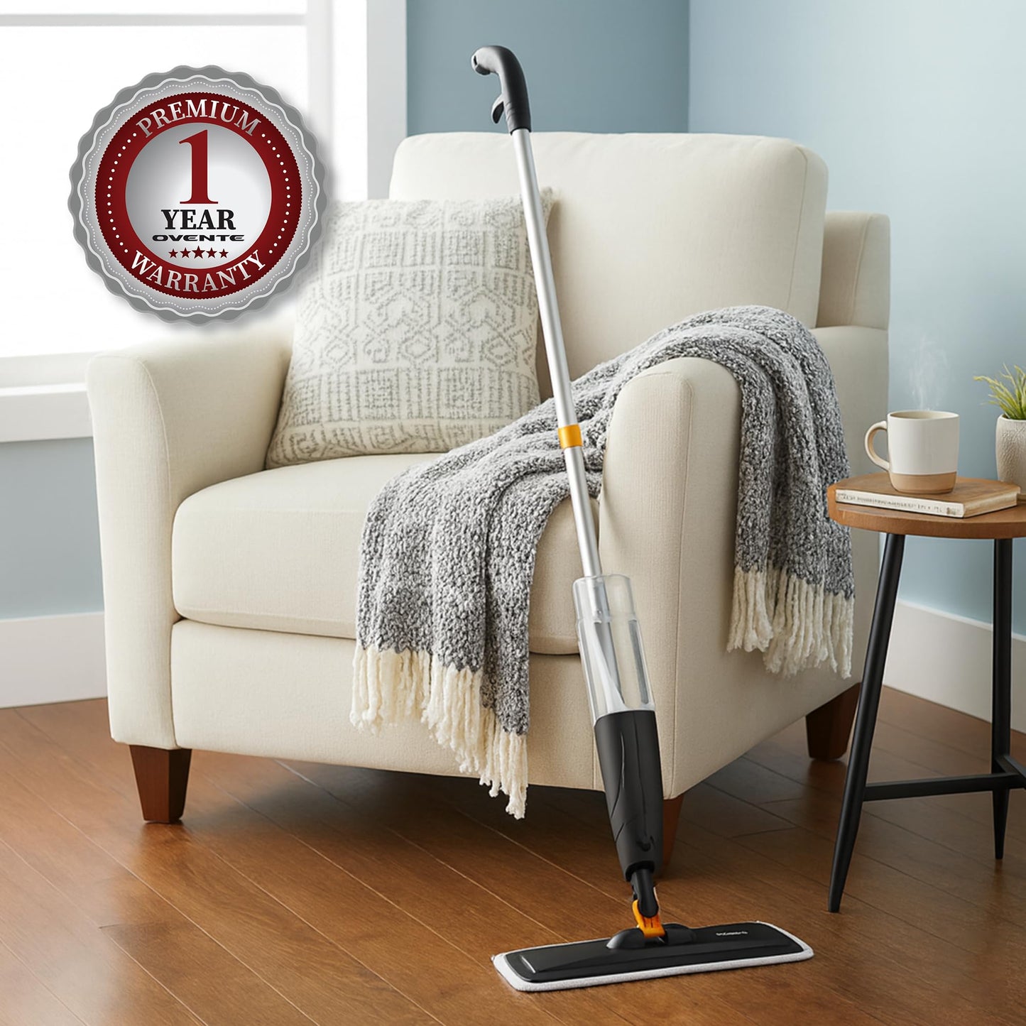 OVENTE Microfiber Spray Mop for Floor Cleaning with Refillable Bottle, Washable and Reusable Pad, 360° Spin Flat Cordless Wet Scrubber for Hardwood, Ceramic, Laminate and Vinyl Tiles, Black CTM121BGD