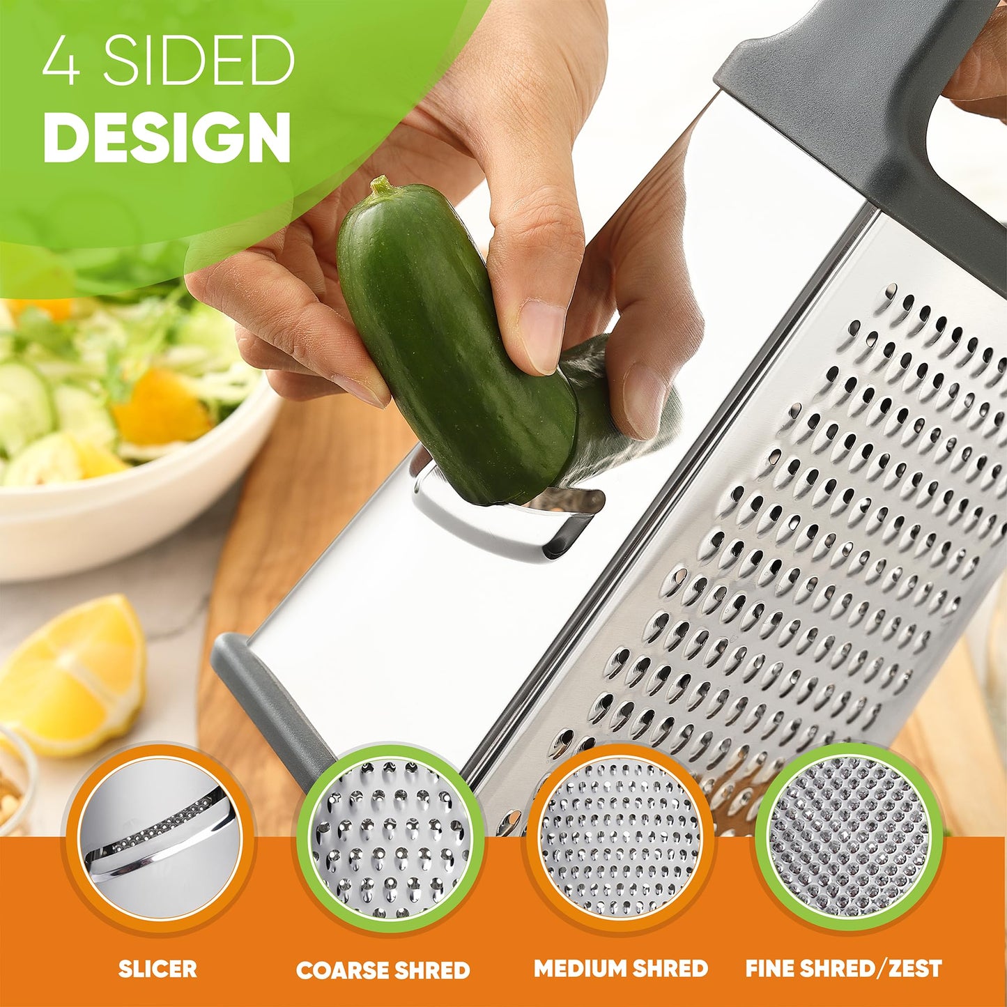 Spring Chef Professional Cheese Grater - Stainless Steel Box Grater for Kitchen, XL Size, 4 Sides - Perfect Shredder for Parmesan Cheese, Carrot, Potato, Ginger - Dishwasher Safe - Gray