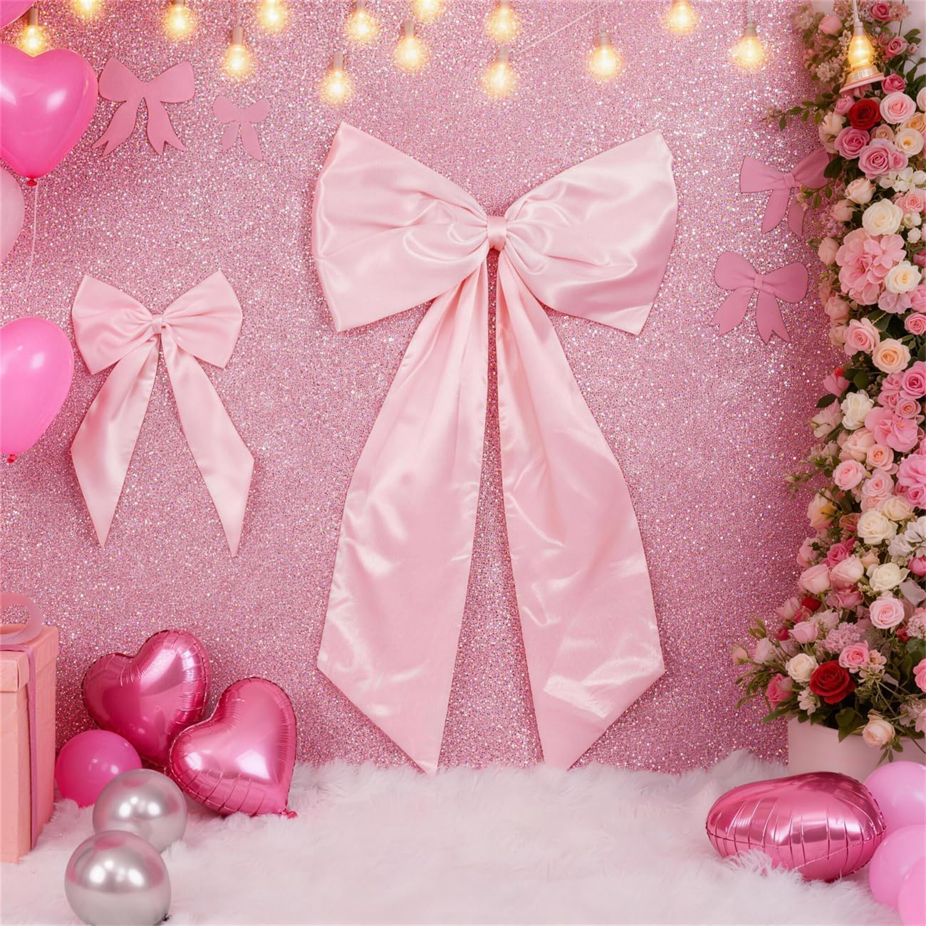 Skiennix Pink Bow Decor - 2 Pack Large & Small Coquette Wall Backdrop for Valentine's Day & Weddings