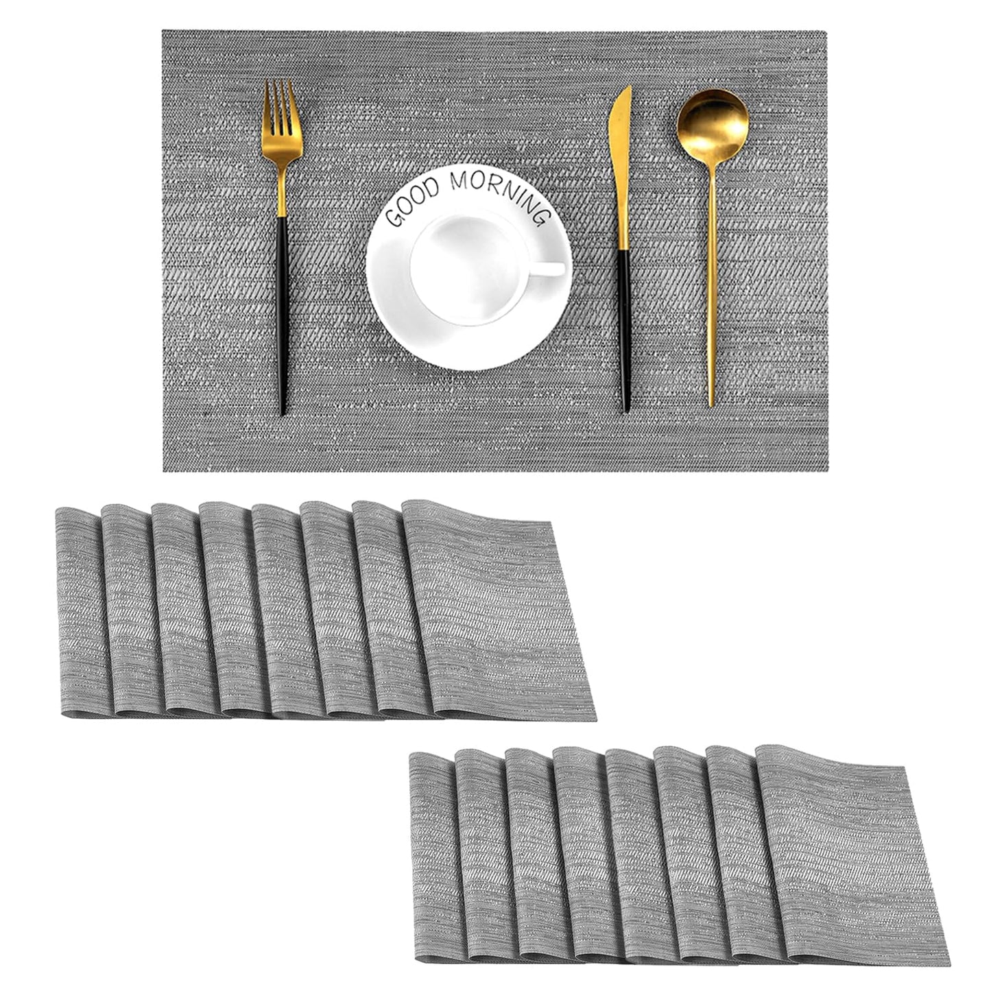 Leetaltree Grey Placemats, Heat Resistant Non-Slip Place mats for Dining Table, Washable Durable PVC Vinyl Woven Table Mats (Set of 16)