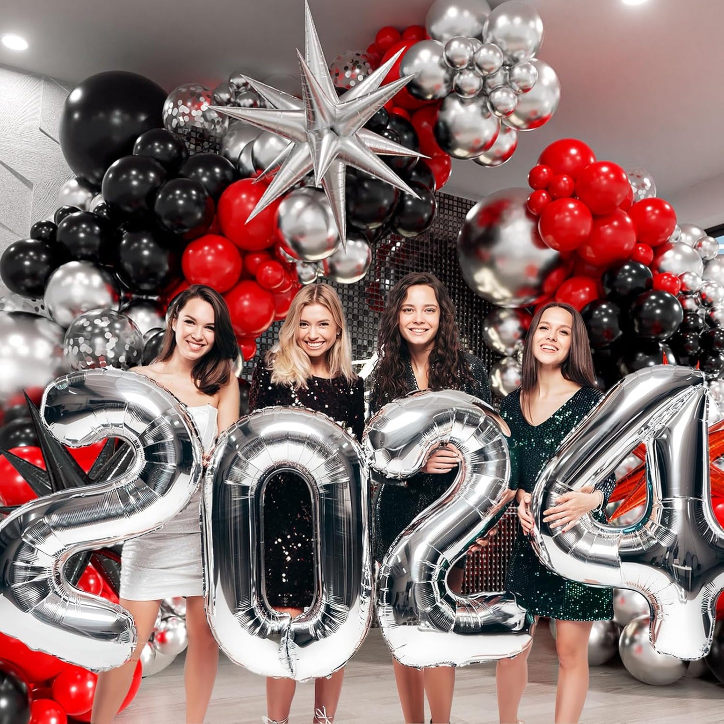 Red & Black Balloon Arch Kit - 3 Star Balloons & Garland for Birthday, Graduation & New Year Celebrations