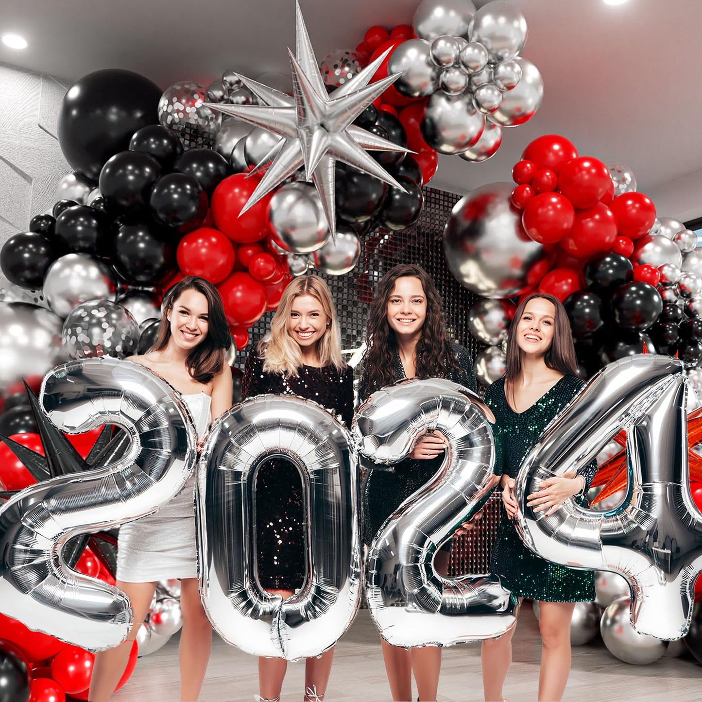 Red and Black Balloon Arch Kit with 3pcs Star Balloons, Red Black and Metallic Silver Balloons Garland Kit for Birthday Red Black Graduation 2025 New Year Party Decorations