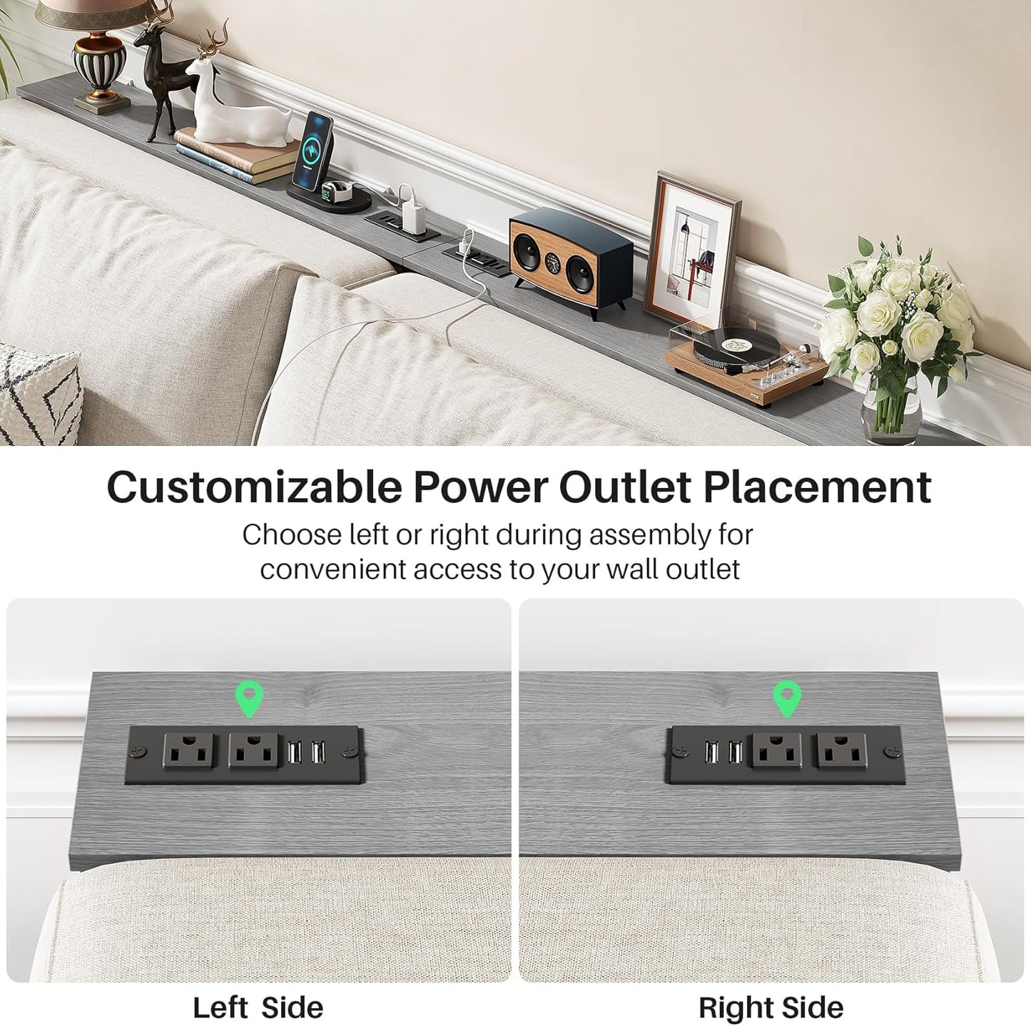 Kitstorack Long Sofa Table - Adjustable Height 25"-33" with 2 Power Outlets | Dark Gray, 5.9" D x 79" L