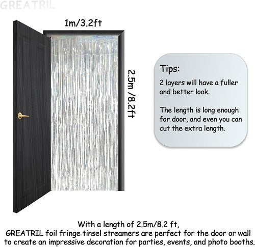 GREATRIL Silver Foil Fringe Tinsel Backdrop | Metallic Streamers for NYE, Prom & Parties - Pack of 2