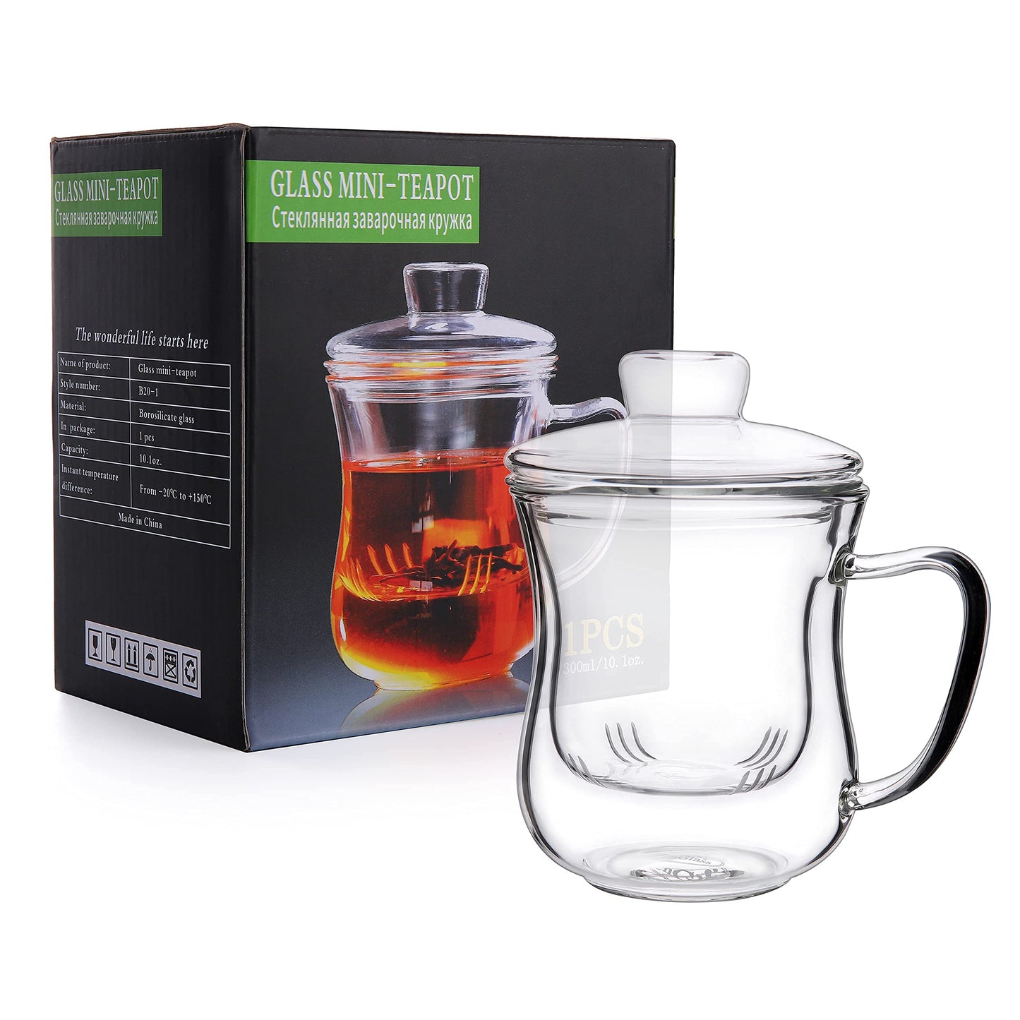 CNGLASS Glass Tea Cup with Removable Infuser and Lid,10oz Thickened Glass Infuser Mug,Borosilicate Glass Mug for Loose Leaf Tea,Teabags