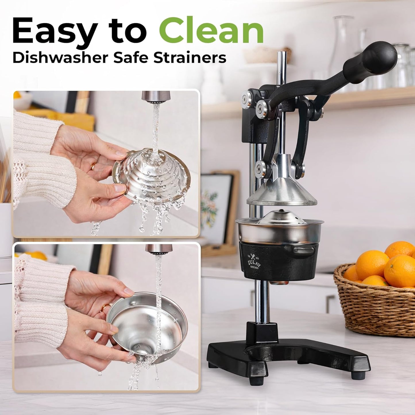 Zulay Kitchen Cast Iron Juicer - Heavy-Duty Manual Citrus Press for Easy Cleaning | Black Stainless Steel