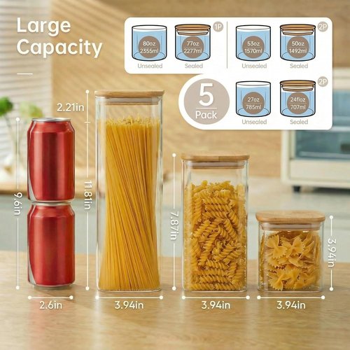 HomArtist Glass Food Storage Jars - Airtight Bamboo Lids | Set of 5 Multi-Sized Canisters for Kitchen & Pantry