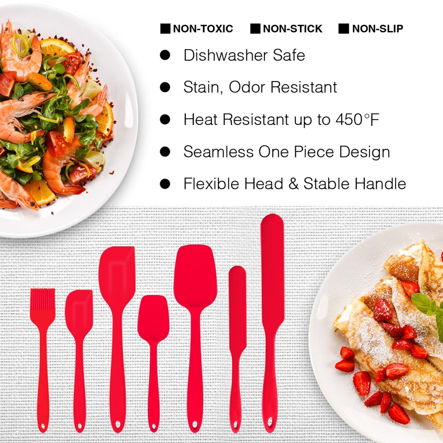 Silicone Spatula Set of 7, P&P CHEF Heat-Resistant Rubber Spatulas Kitchen Utensils Set for Non-stick Cooking Baking Mixing, Seamless & Flexible Design, Dishwasher Safe, Red